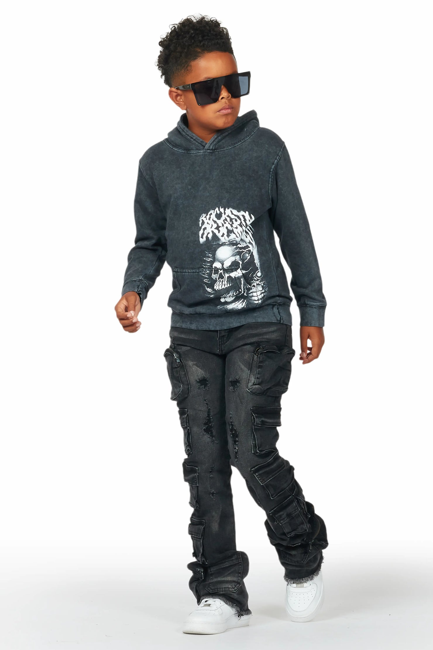 Boys Root Vintage Black Hoodie/Cargo Stack Flare Jean Set