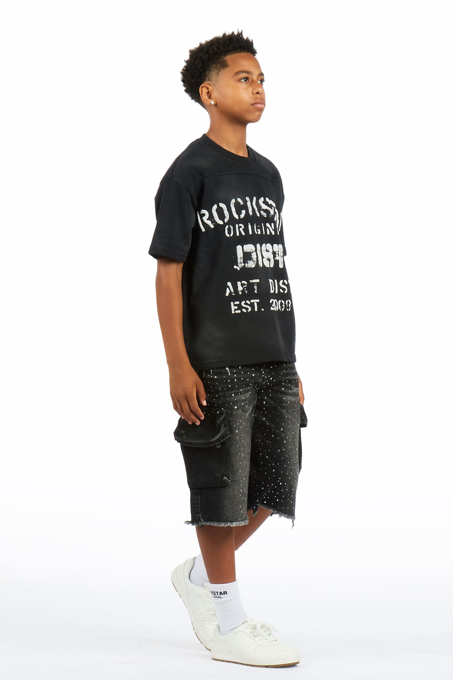 Boys Grand Black Wash Rhinestone Jort