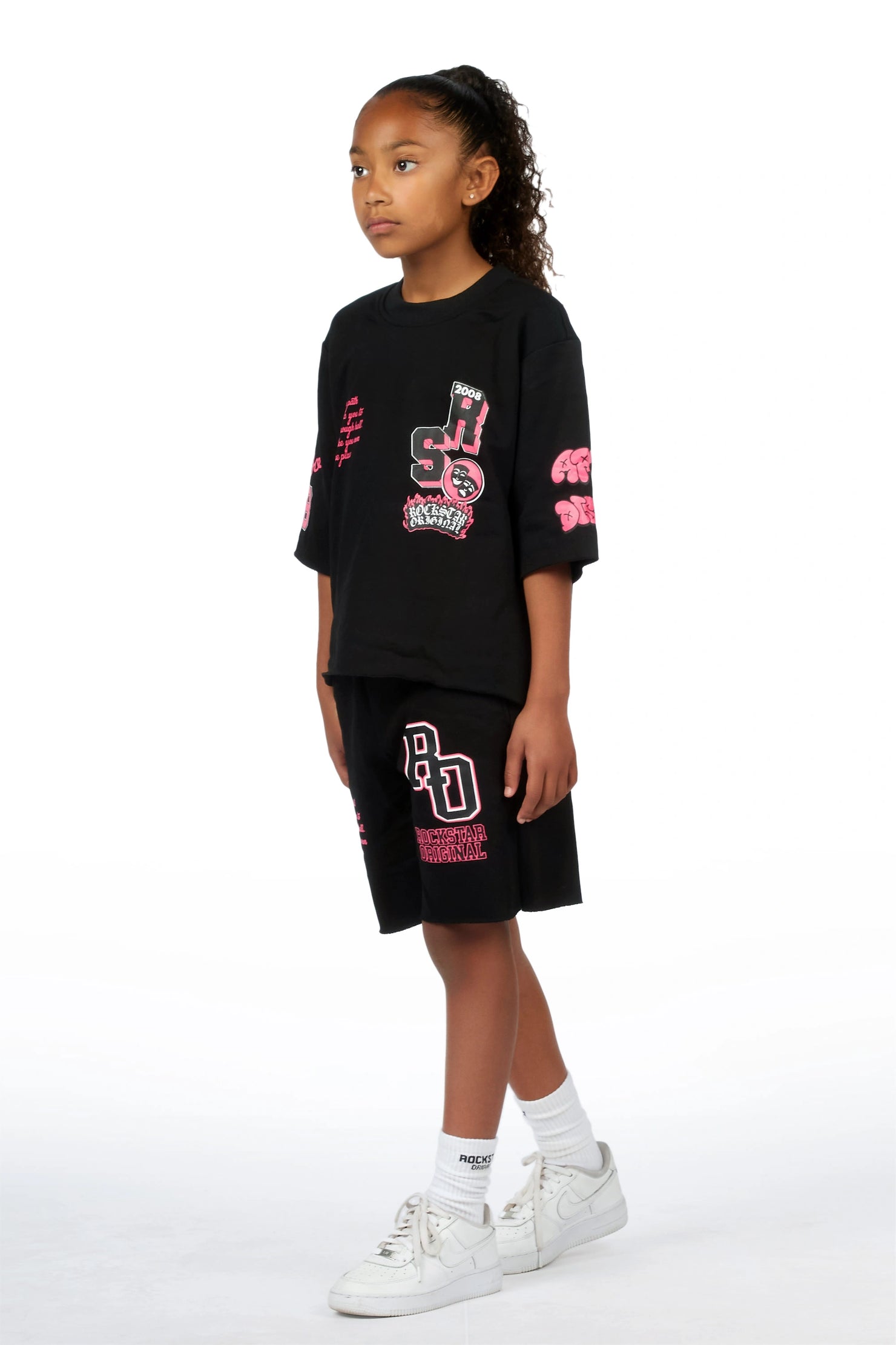 Girls Leslee Black/Pink Boxy T-Shirt Short Set