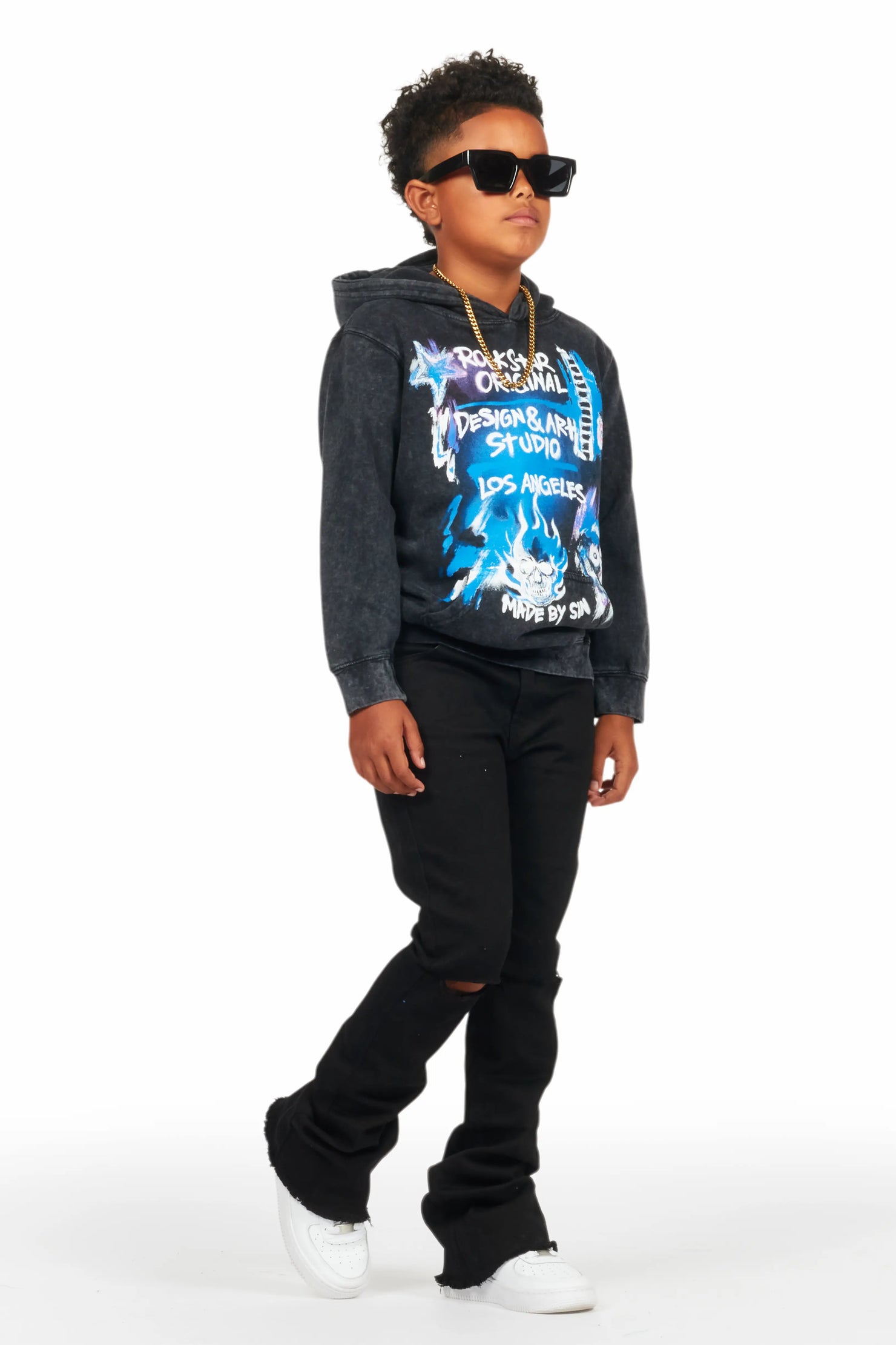 Boys Soweto Vintage Black Hoodie/Stacked Flare Jean Set
