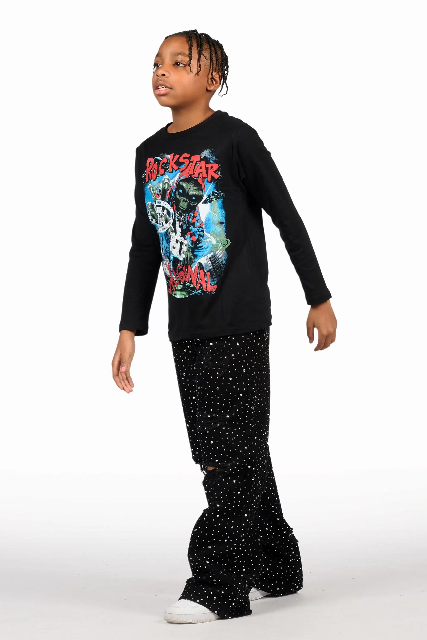 Boys Discolite Jet Black Rhinestone Baggy Jean