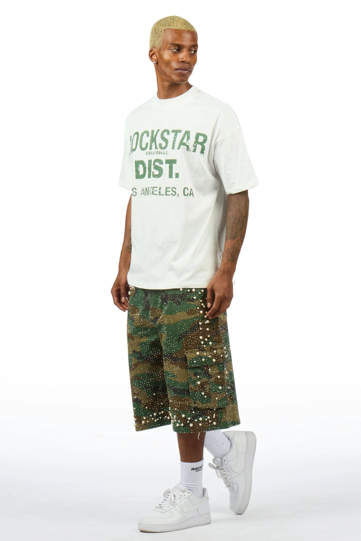 Sevyn White/Camo Rhinestone T-Shirt Denim Jort Set