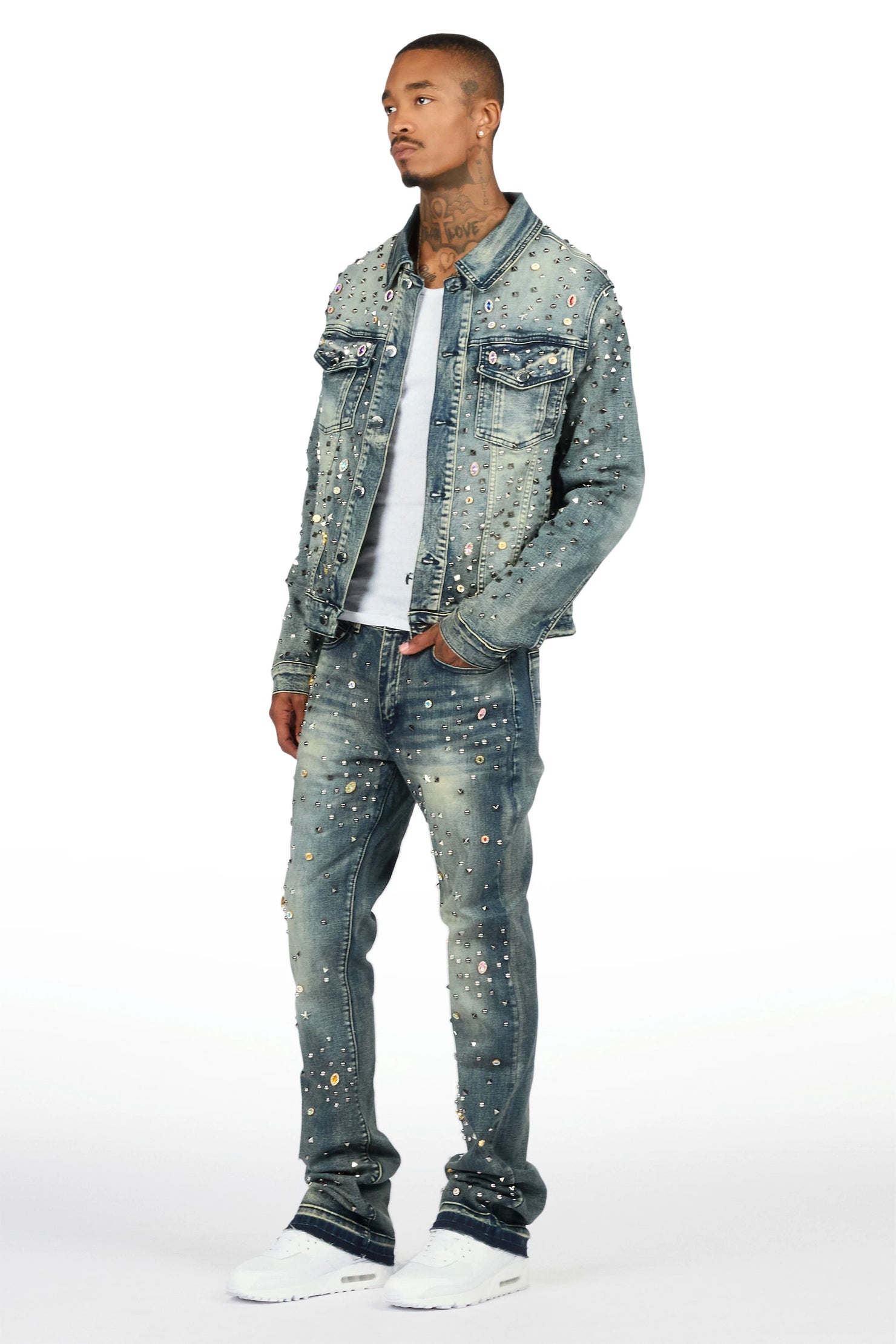 Norris Dark Blue Rhinestone Denim Jacket/Stacked Flare Jean Set