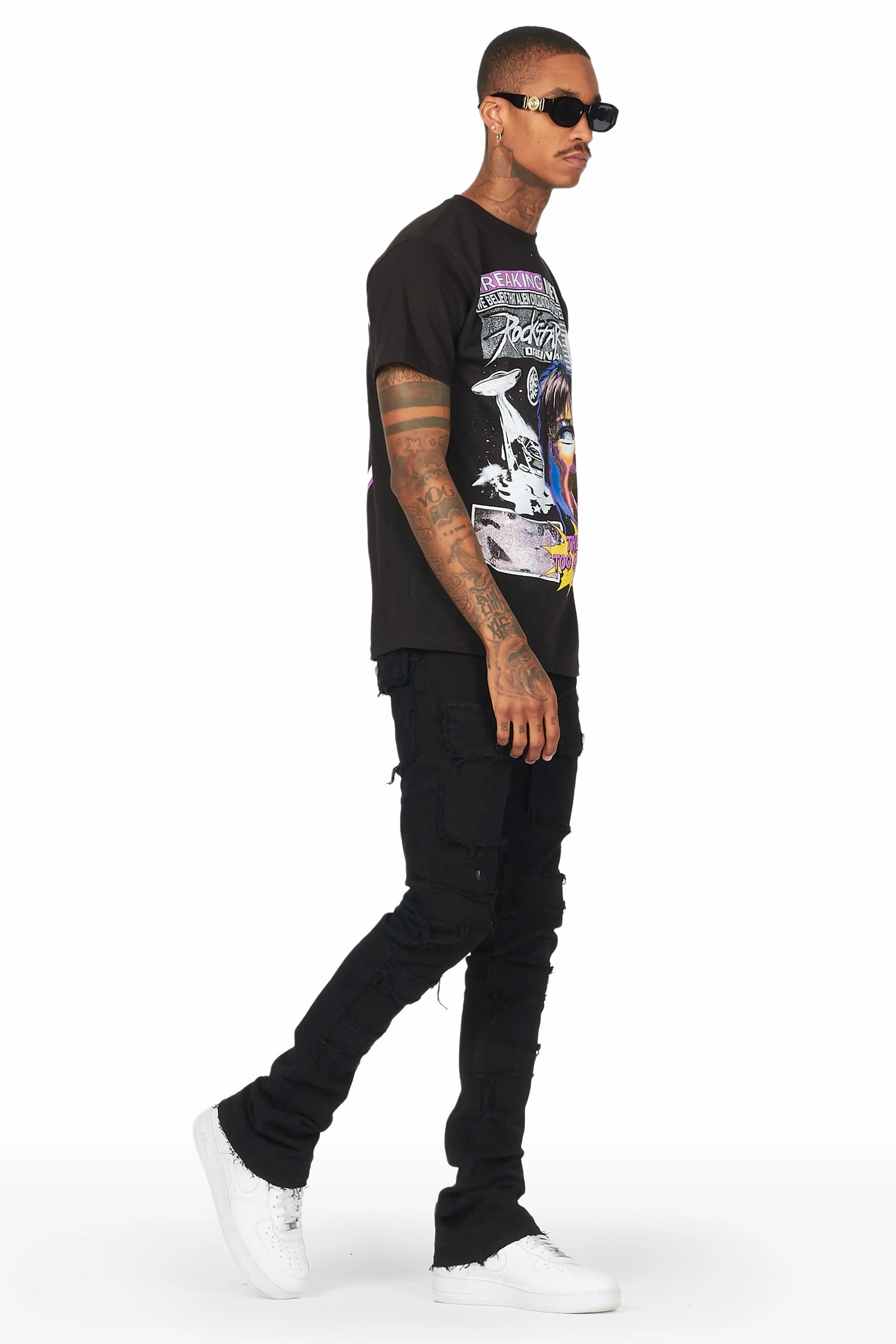 Yadid Black Stacked Flare Jean