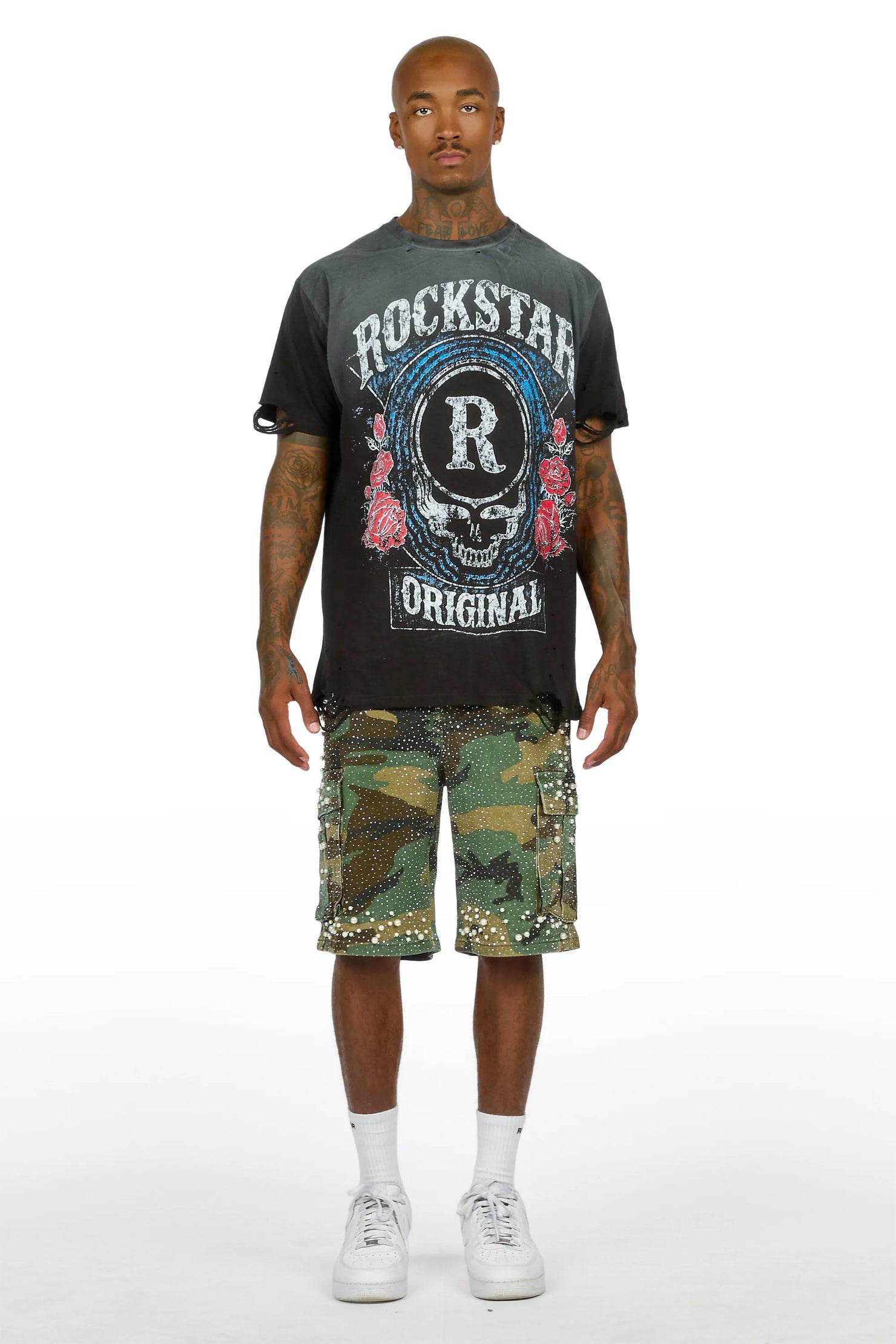 Sevyn Faded Camo Rhinestone Denim Short
