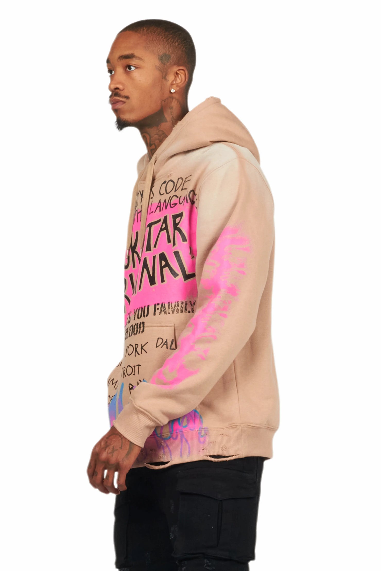 Beno Khaki Distressed Graphic Hoodie