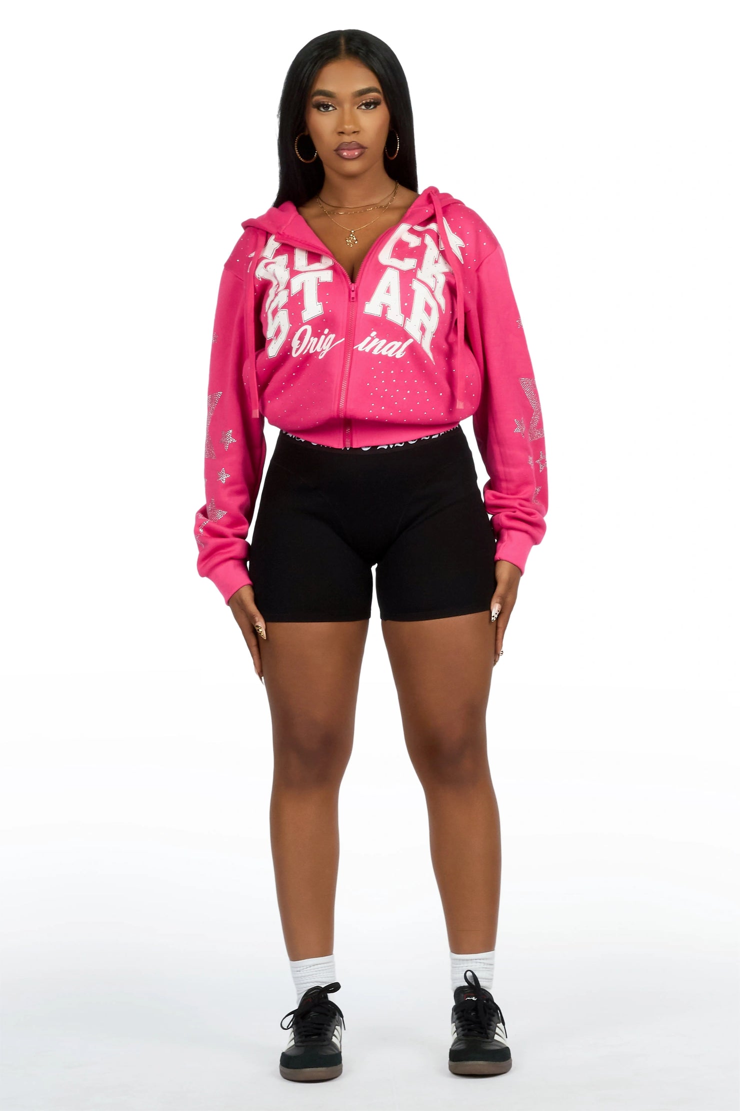 Flaveya Pink Rhinestone Zip Up Hoodie