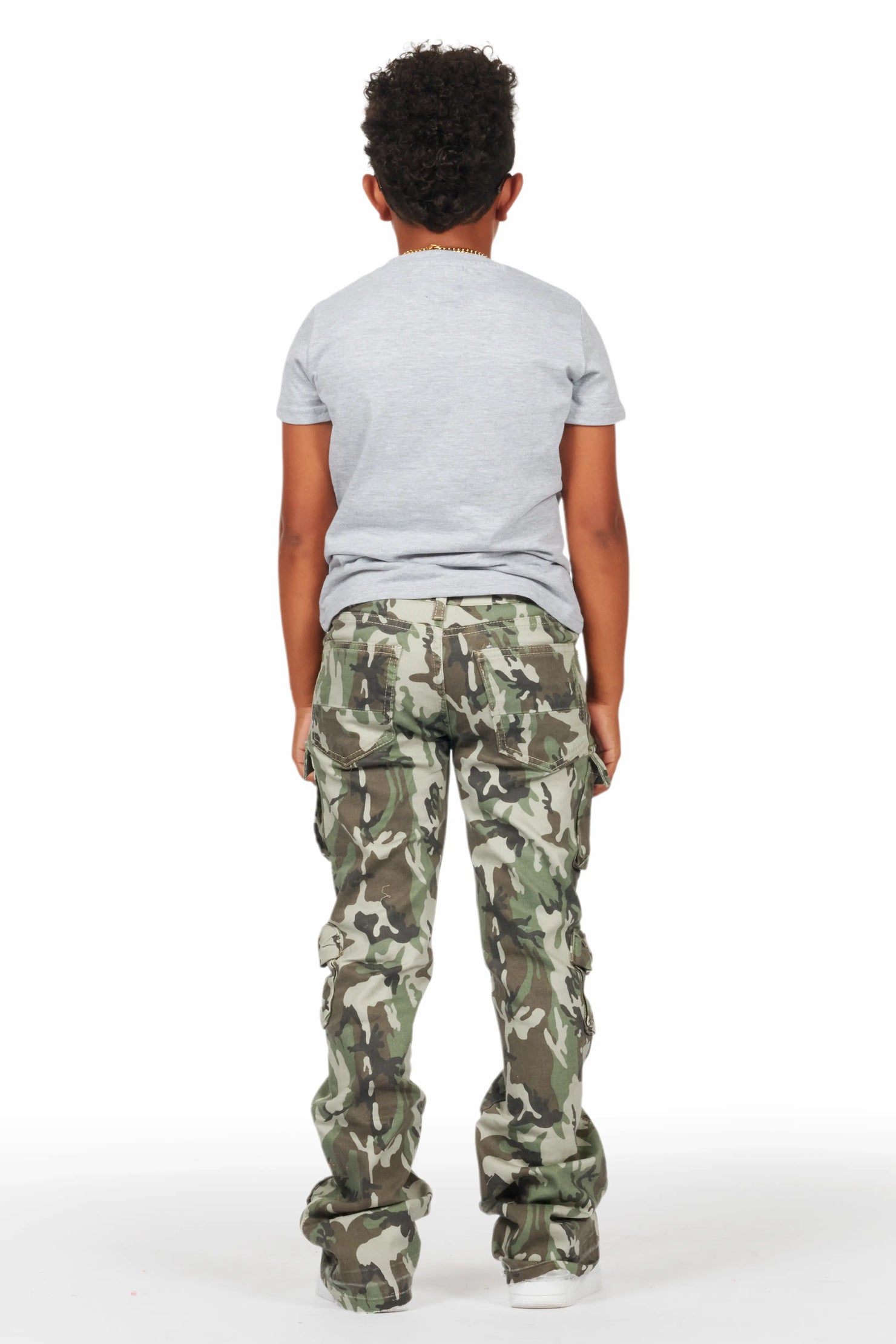 Boys Yves Green Camo Stacked Flare Cargo Jean