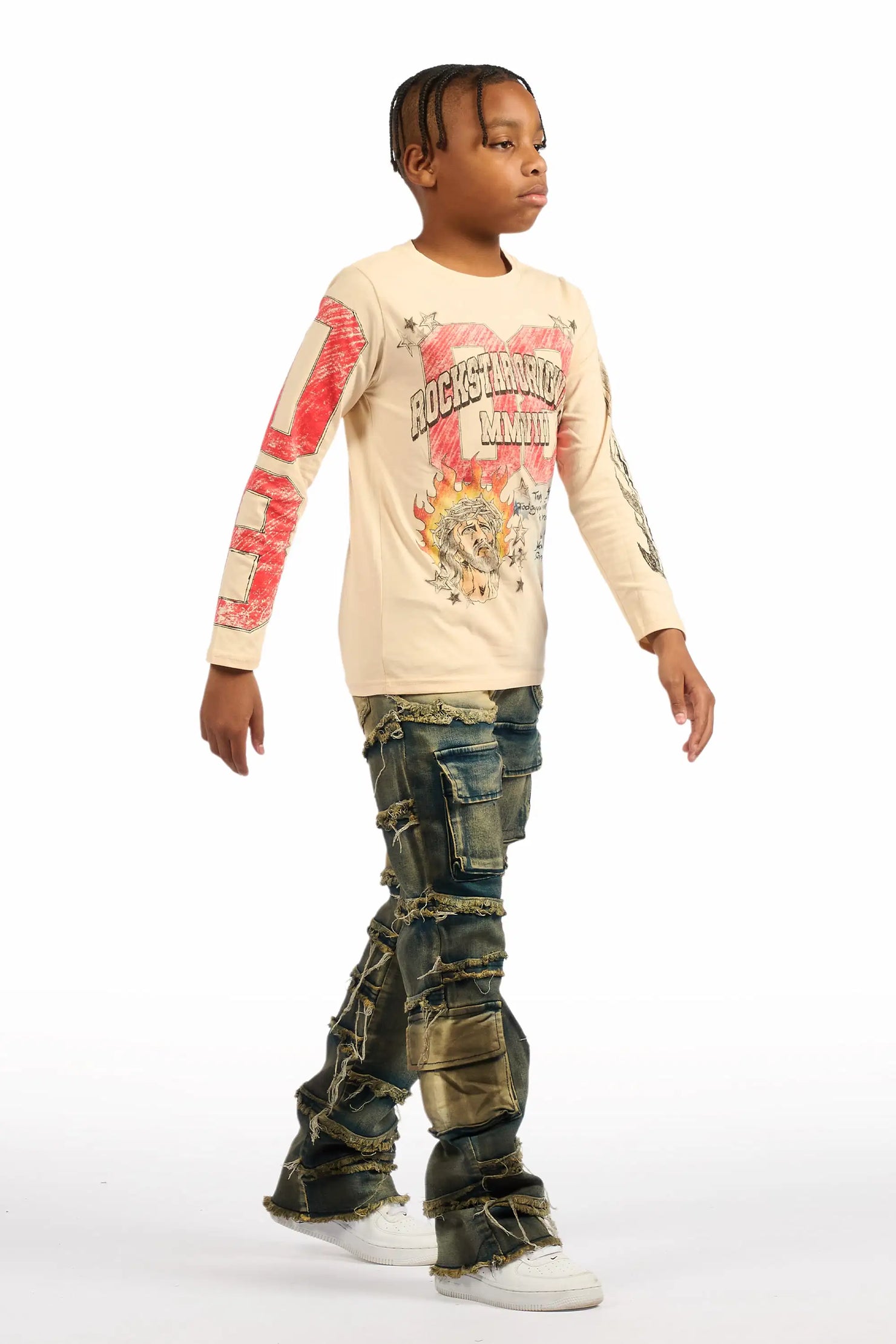 Boys Yves Blue Stacked Flare Cargo Jean