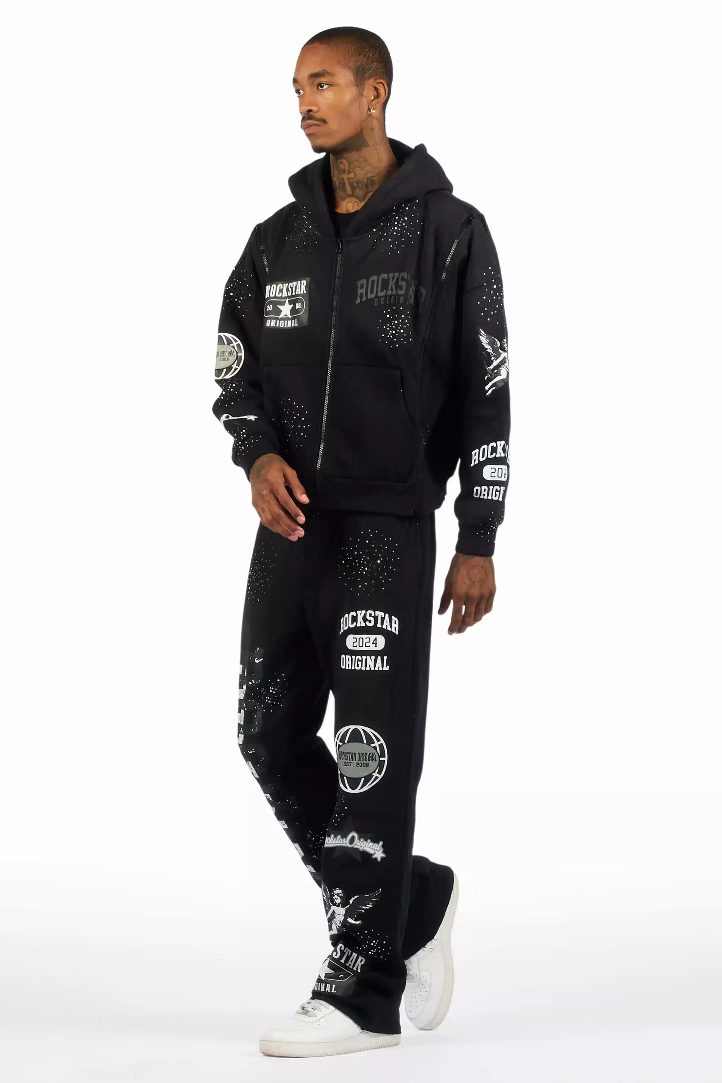 Gutta Black Rhinestone Hoodie Relaxed Track Set