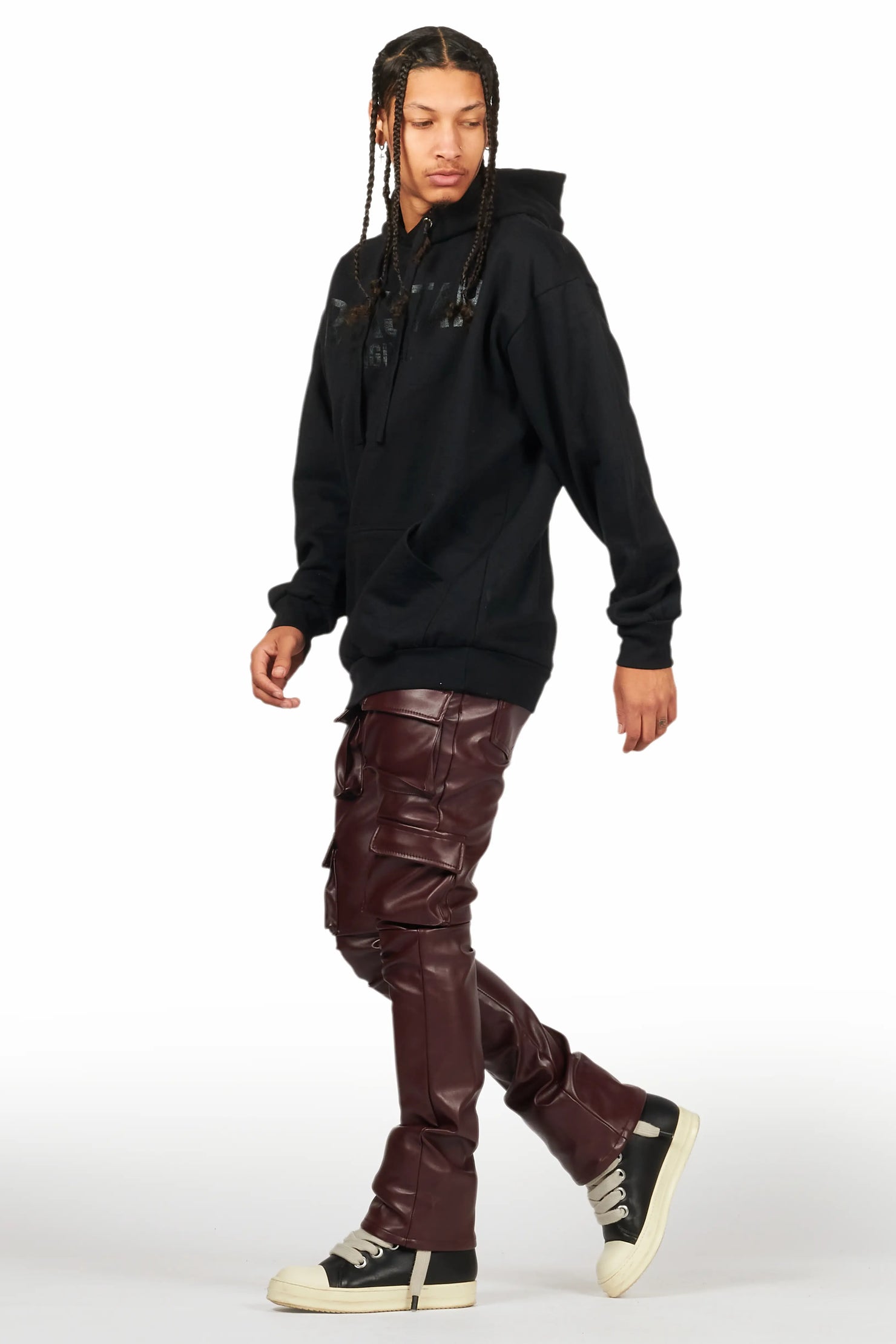 Kap Burgundy Stacked Flare Faux Leather Jean