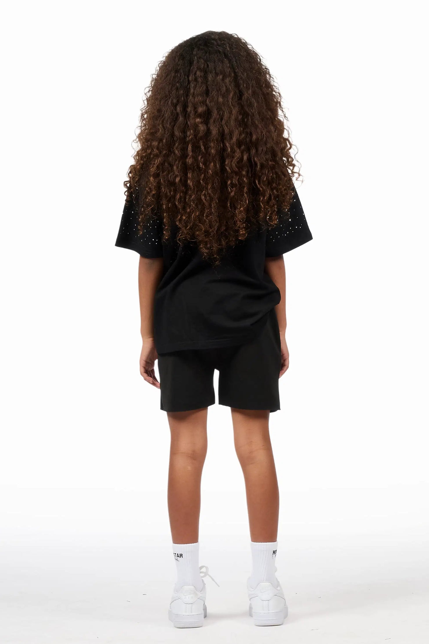 Girls Flaveya Black/Wite Rhinestone T-Shirt Short Set