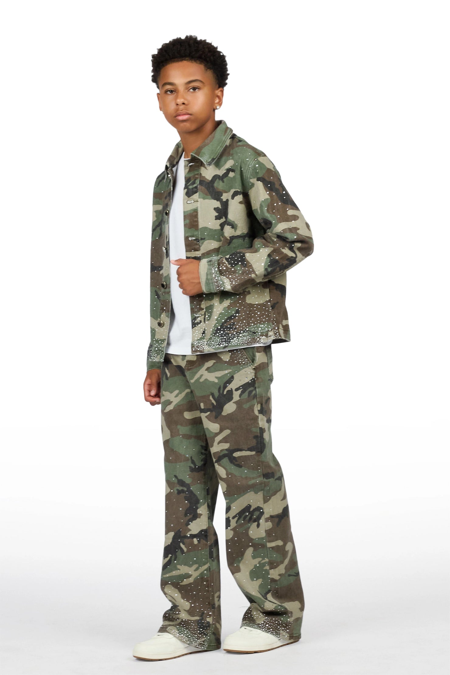 Boys Xyler Green Camo Rhinestone Button Down Shirt/Relaxed Jean Set