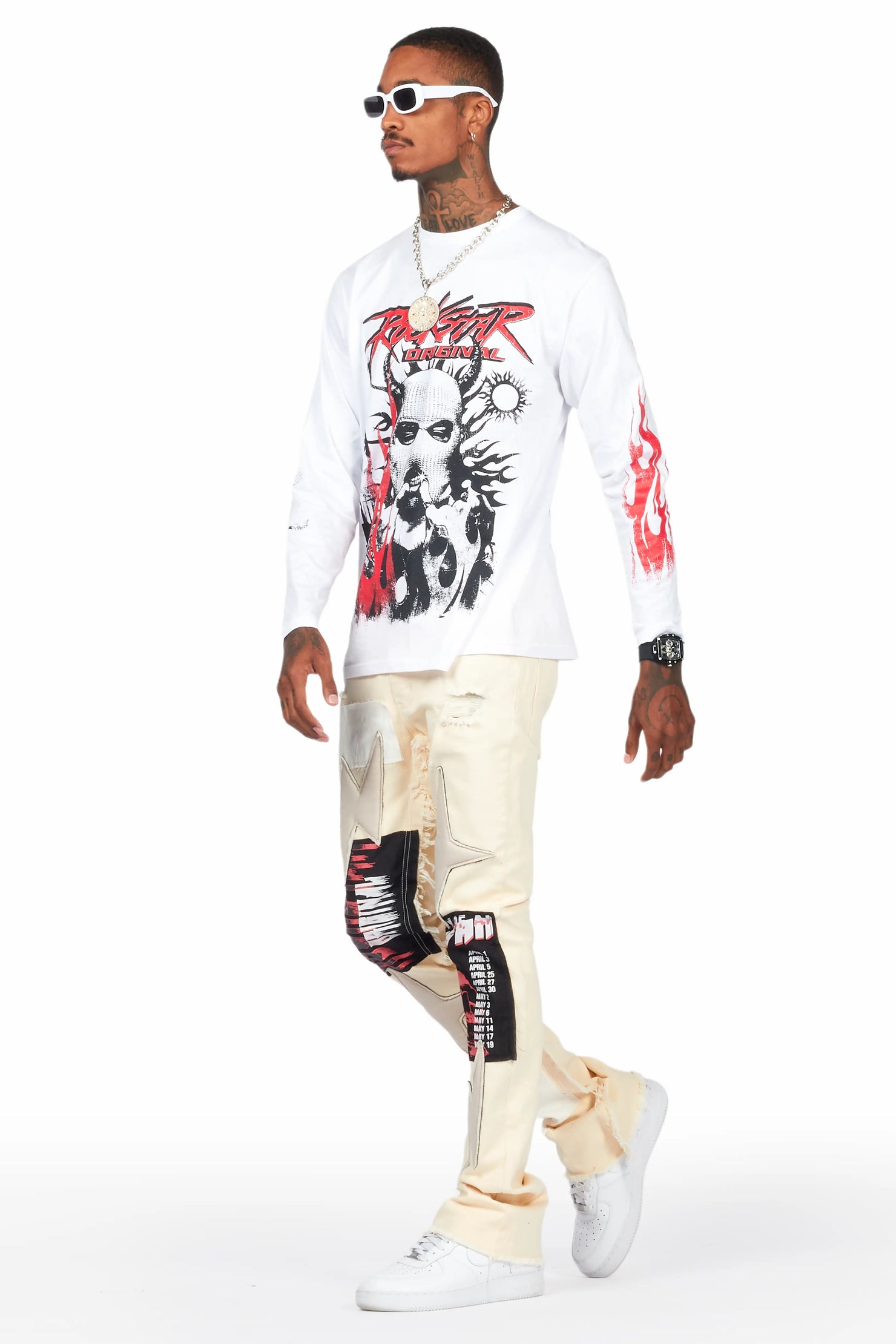 Rhys Beige Patchwork Stacked Flare Jean