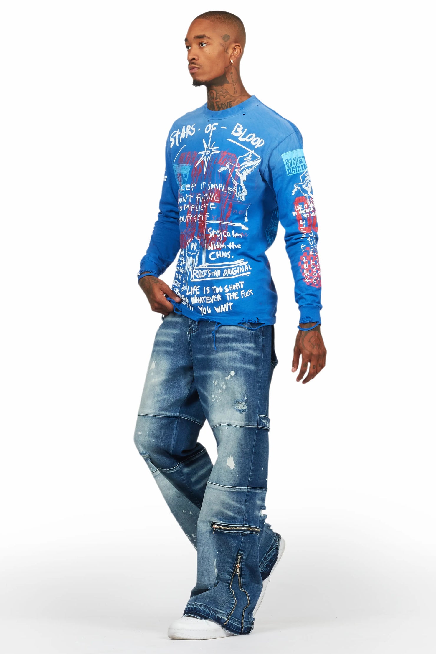 Gabin Royal Blue Long Sleeve Graphic T-Shirt
