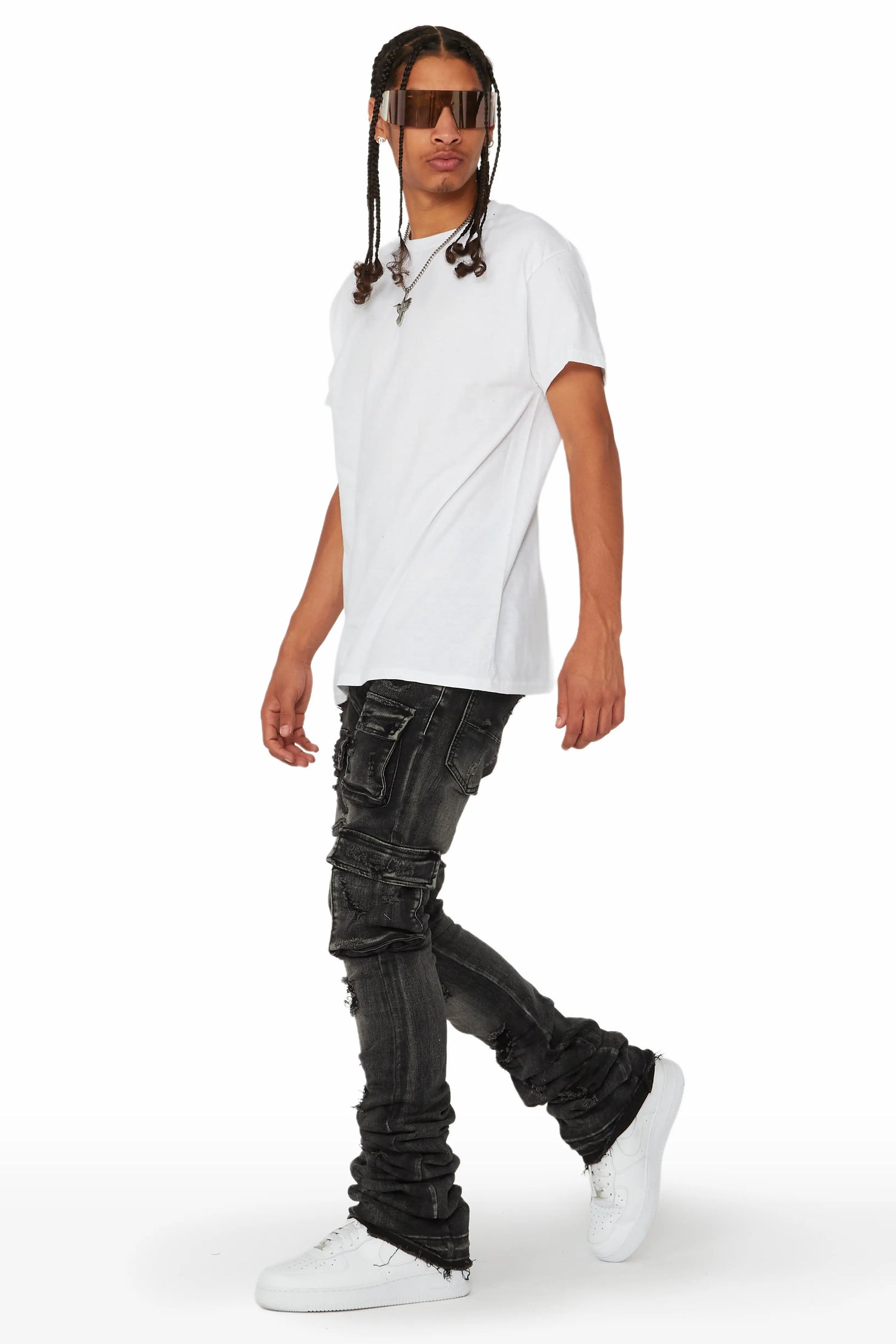 Zaire Grey Cargo Super Stacked Flare Jean