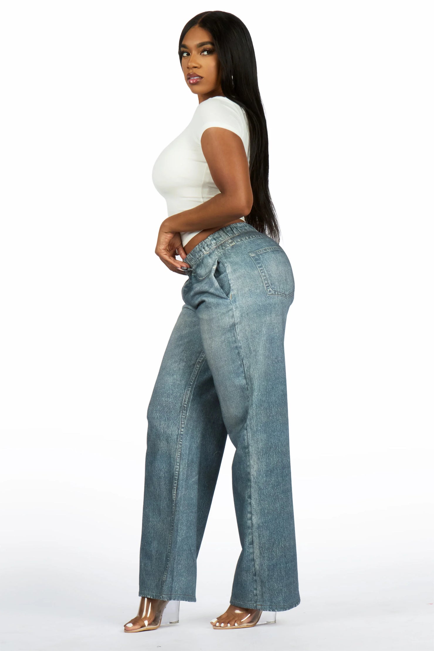 Jaleecia Med. Wash Denim Print Stretch Terry Sweatpant Jean