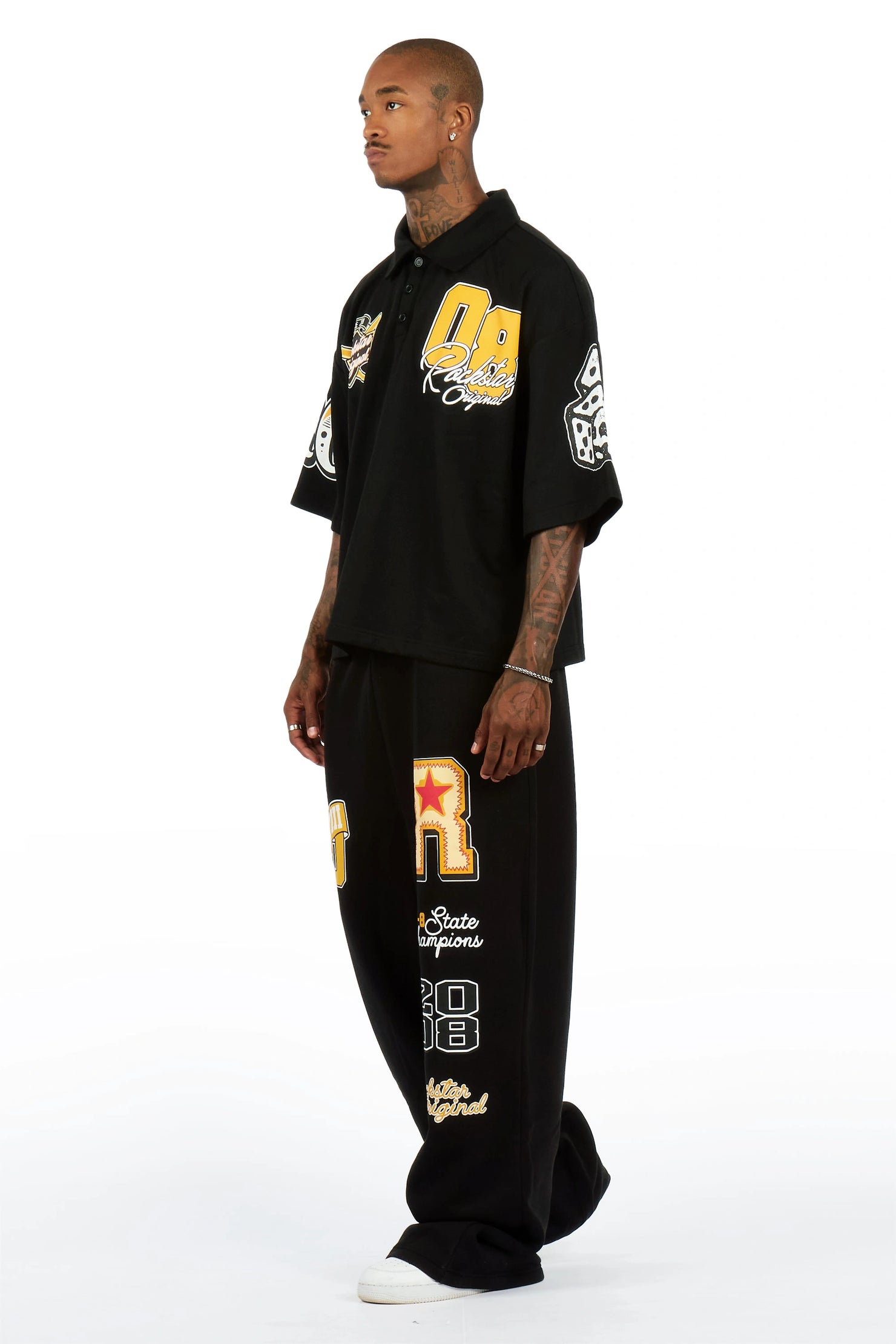 Forbidden Black Crop Boxy Polo/Fleece Baggy Track Set
