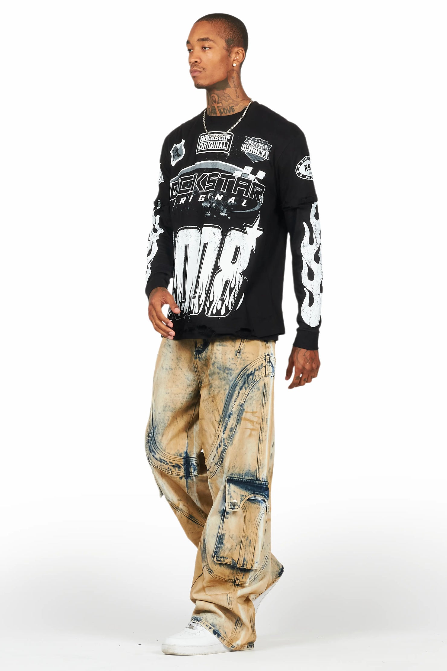 Amos Black/White Double Layer Long Sleeve Graphic T-Shirt