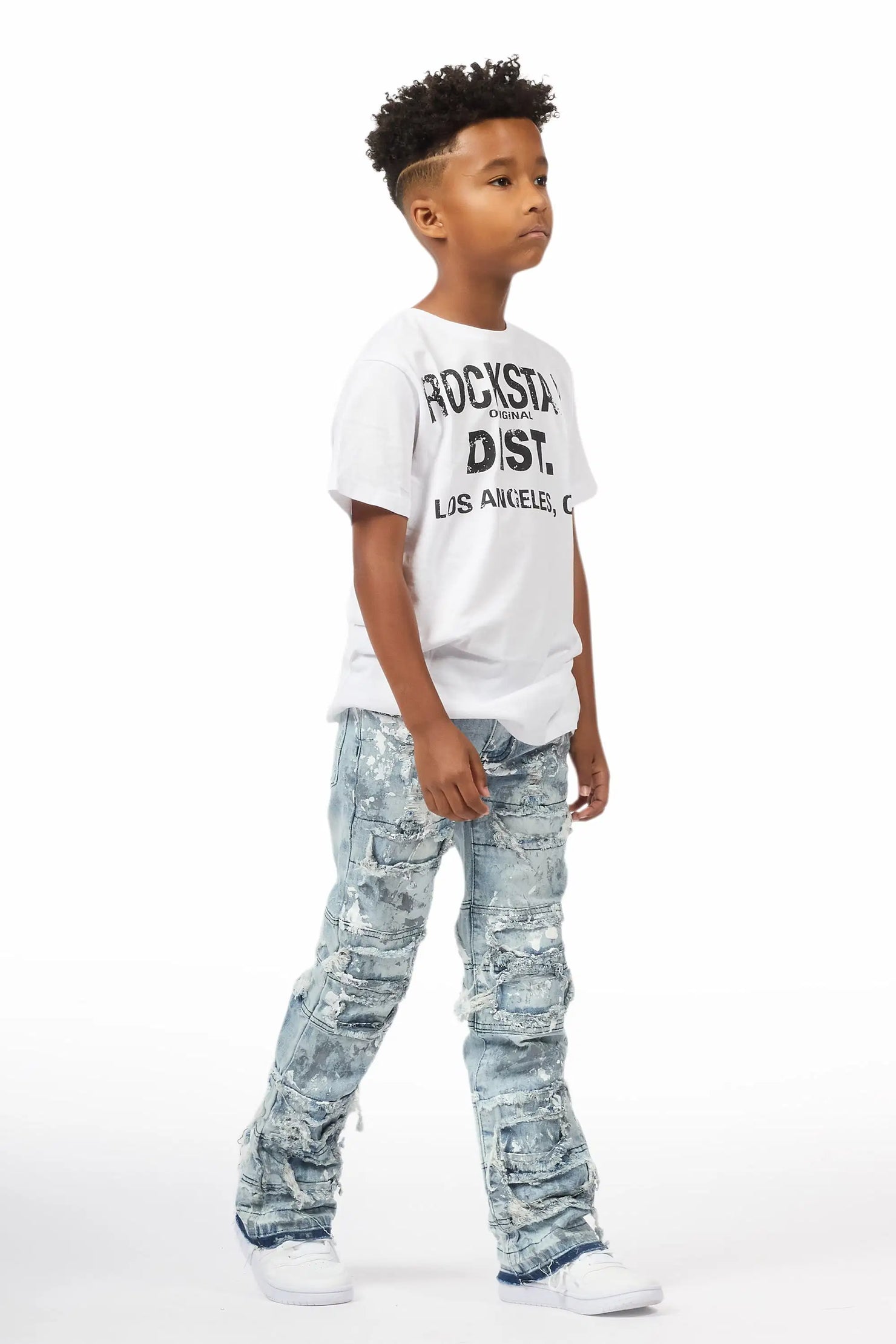 Boys Meille Blue/White Stacked Painter Flare Jean
