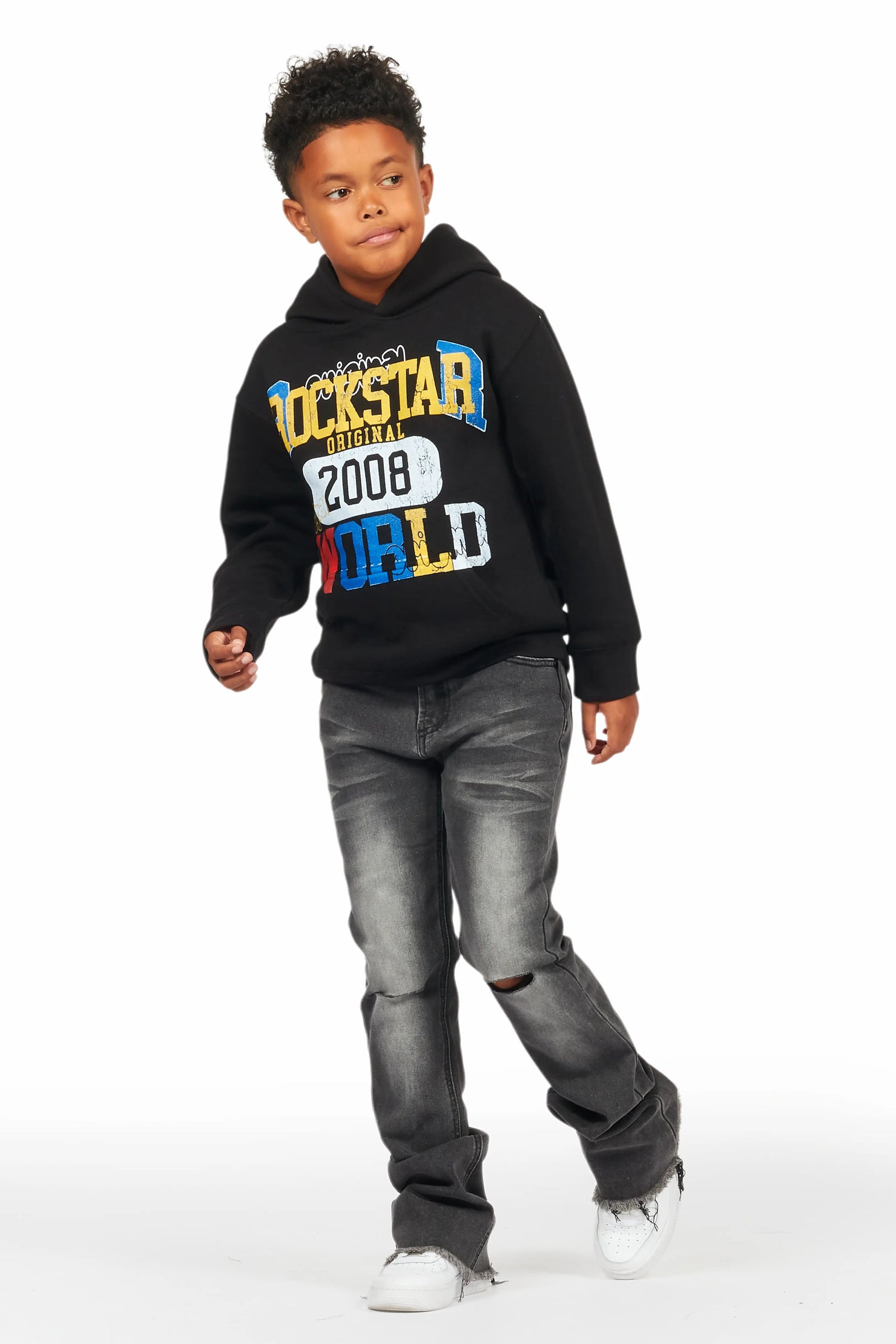 Boys Daria Black/Dark Grey Hoodie/Stacked Flare Jean Set