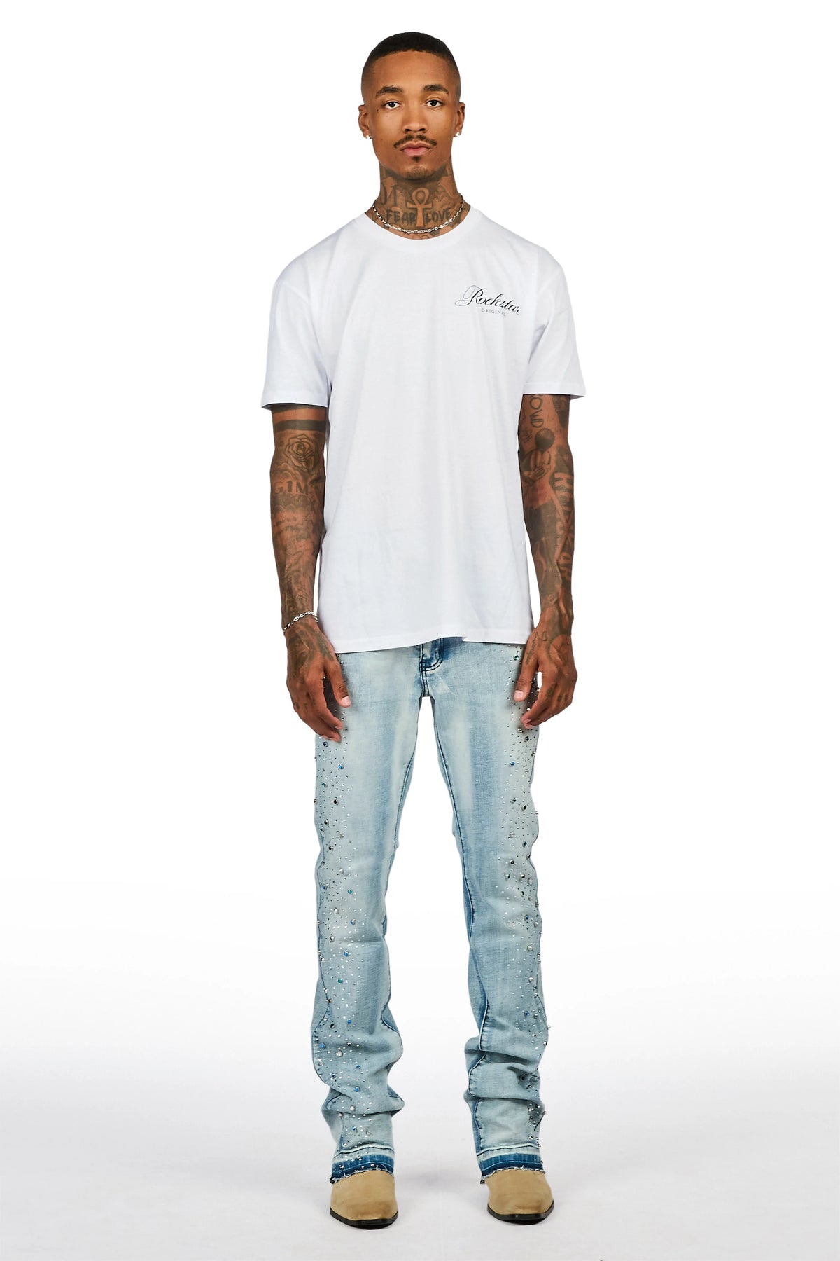 Monty Light Blue Rhinestone Studded Stacked Flare Jean