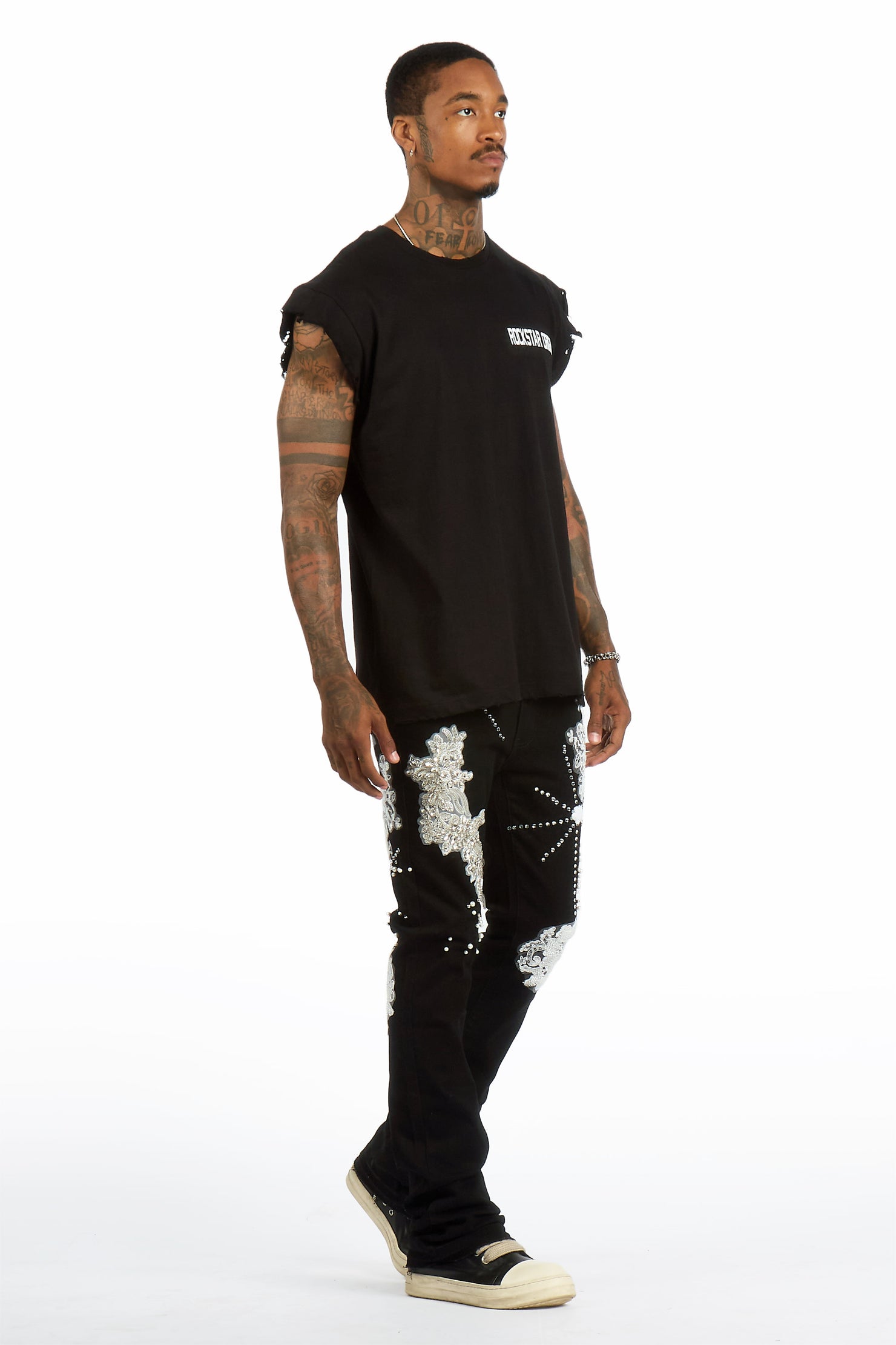 Yezen Black Rhinestone Stacked Fit Jean