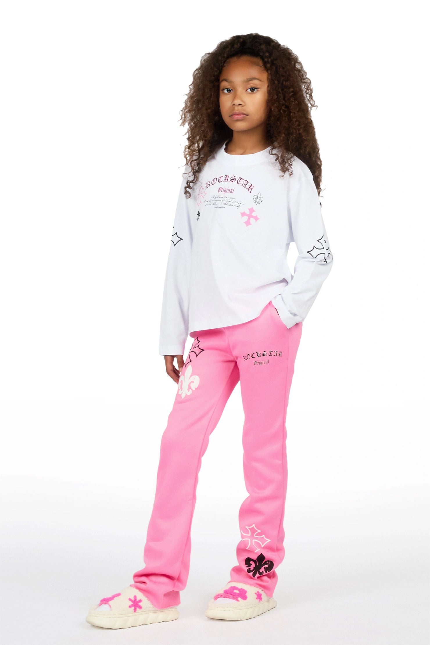 Girls Deshunique White/Pink Long Sleeve T-Shirt Track Set