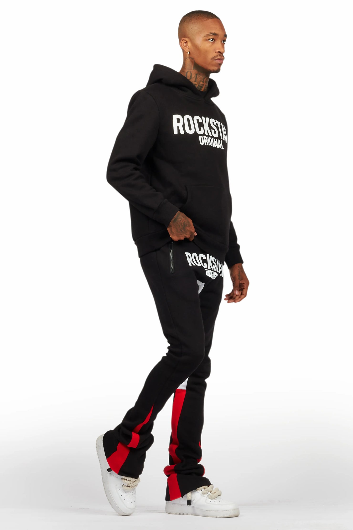 Sana Black/White Hoodie/Stacked Flare Track Pant Set