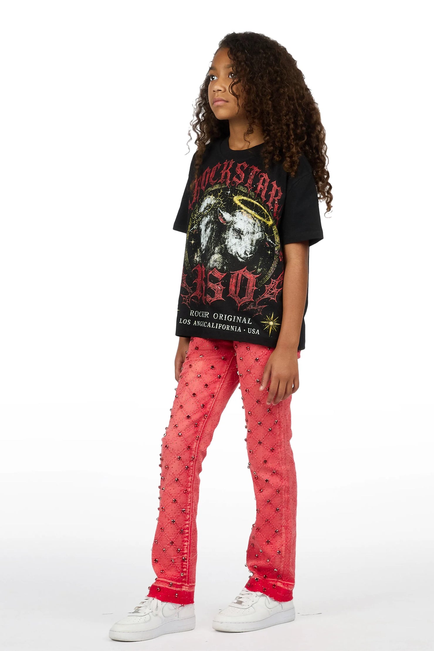 Girls Dezz Black/Red T-Shirt Rhinestone Jean Set