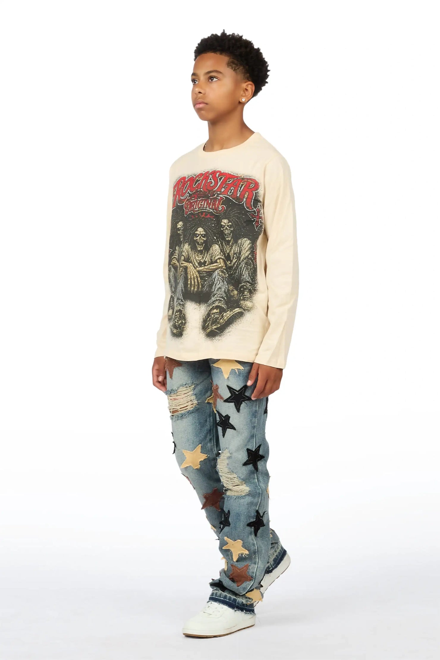 Boys Wilder Sand/Blue Long Sleeve T-shirt Patchwork Jean Set