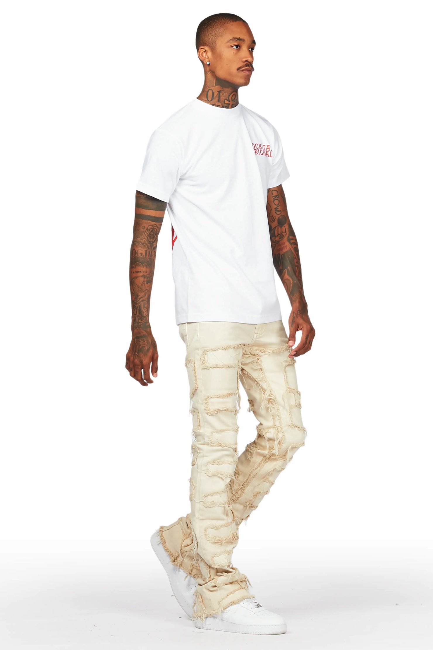 Posse White T-Shirt & Shake Beige Stacked Jean Bundle