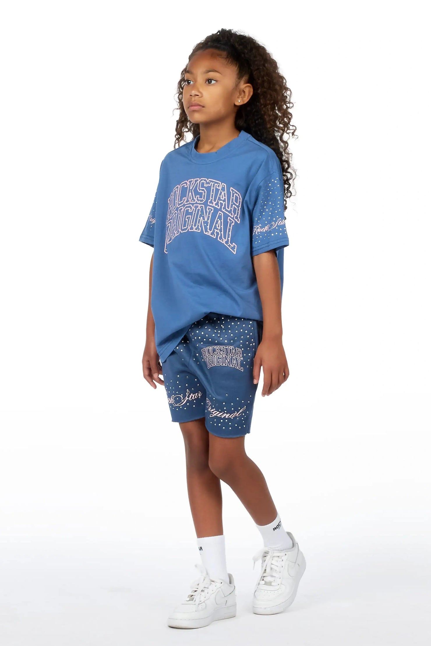 Girls Lakisha Navy Rhinestone Oversized T-Shirt Short Set