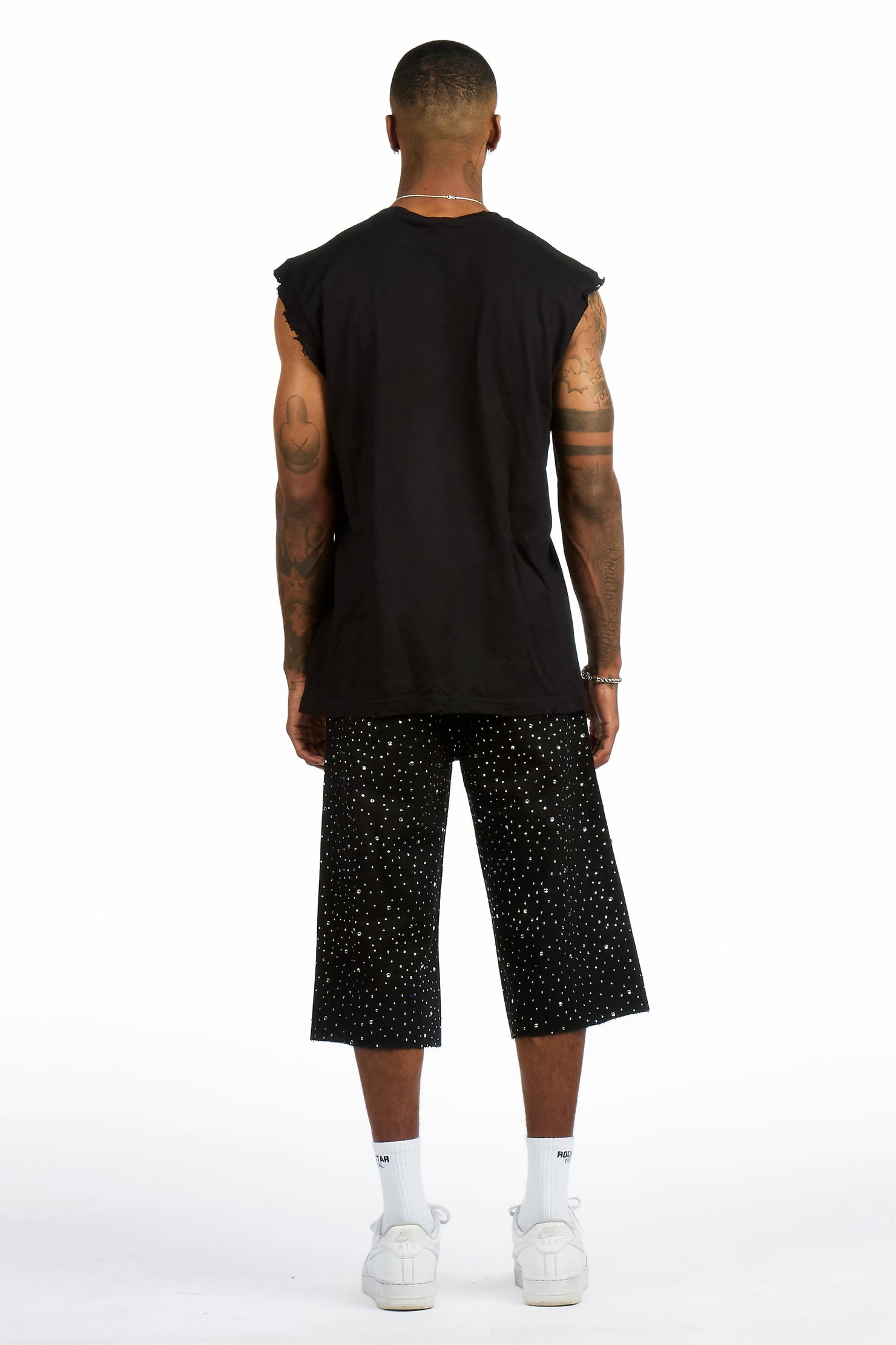 Zayir Black/Jet Black Oversized Graphic T-Shirt & Discolite Rhinestone Denim Jort Set