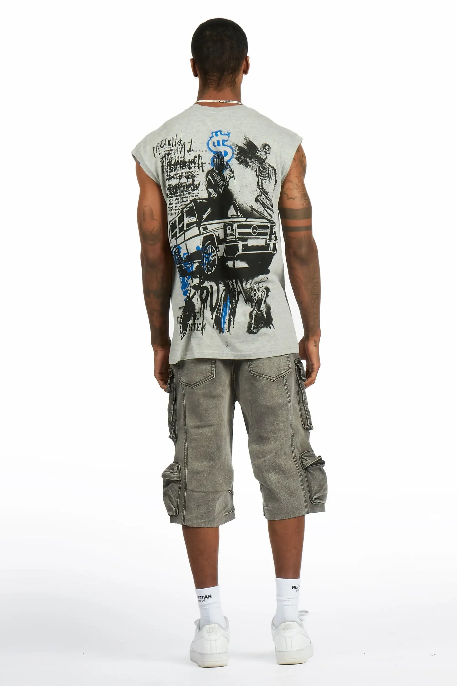 Grill 3.0 Heather Grey/Grey Oversized Graphic T-Shirt & Mahesh Baggy Cargo Jean Short