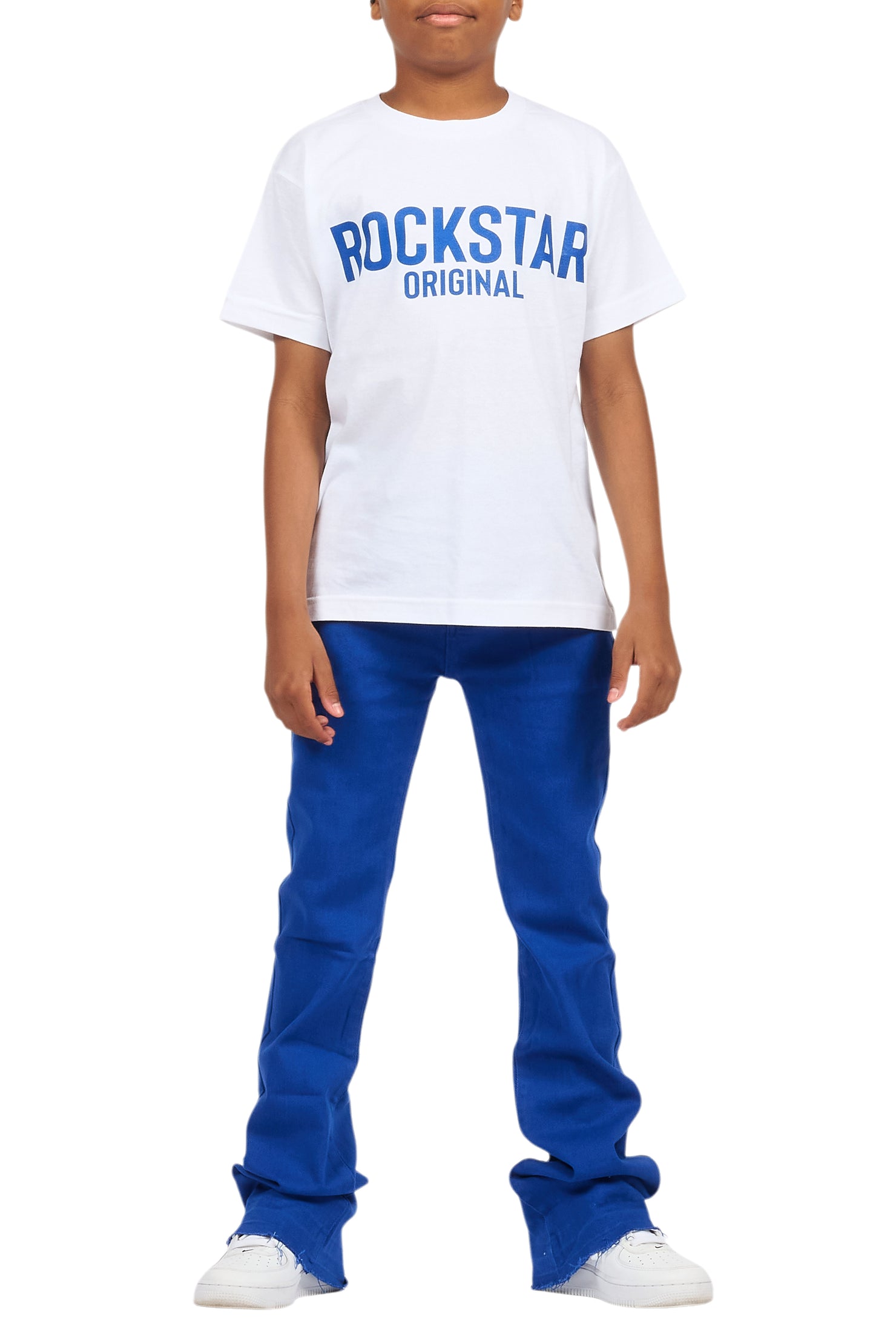 Boys Sana White/Royal T-Shirt/Dag Stacked Flare Jean Set