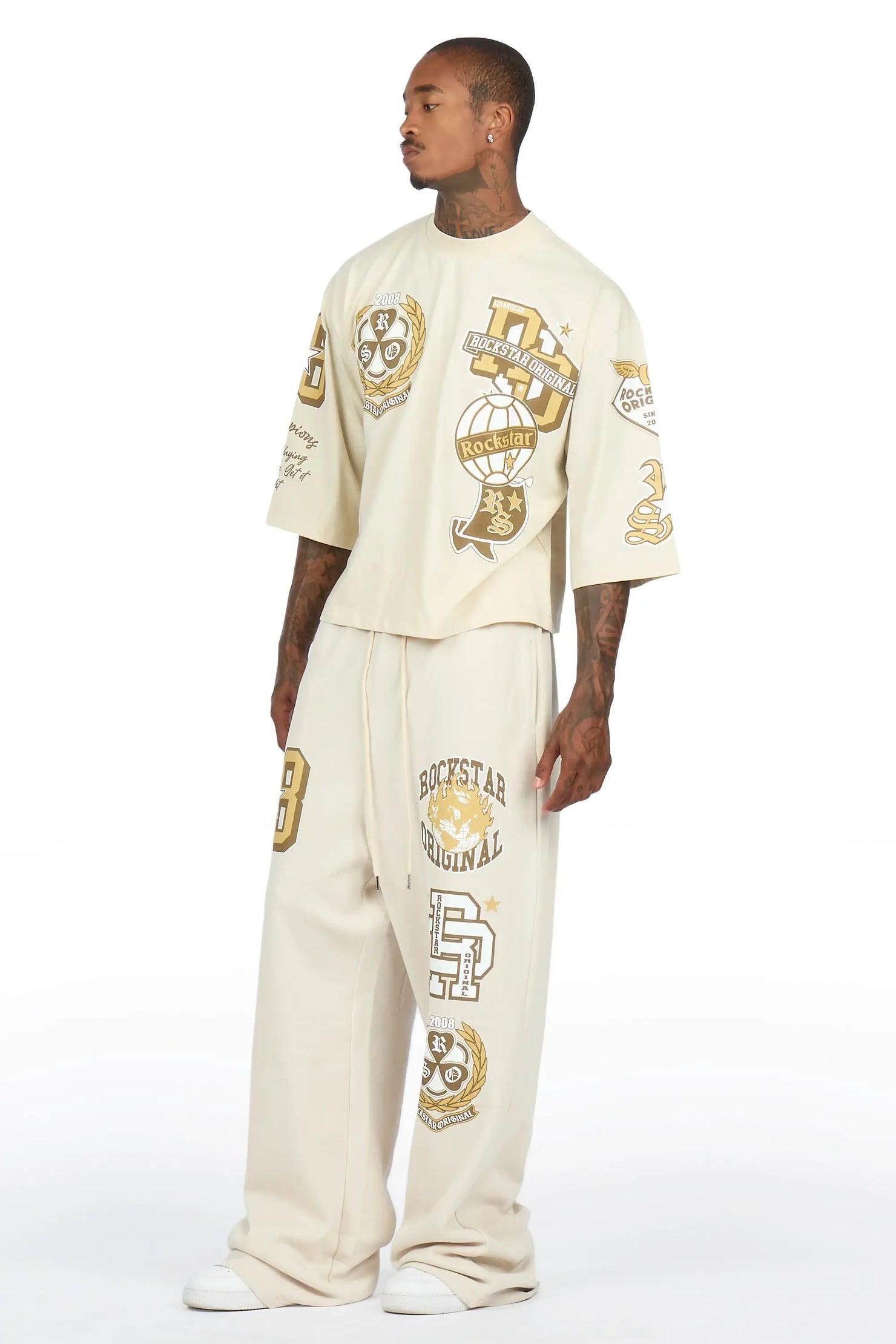 Gallant Beige 3/4 Crop Boxy Tee/ Fleece Baggy Pant Track Set