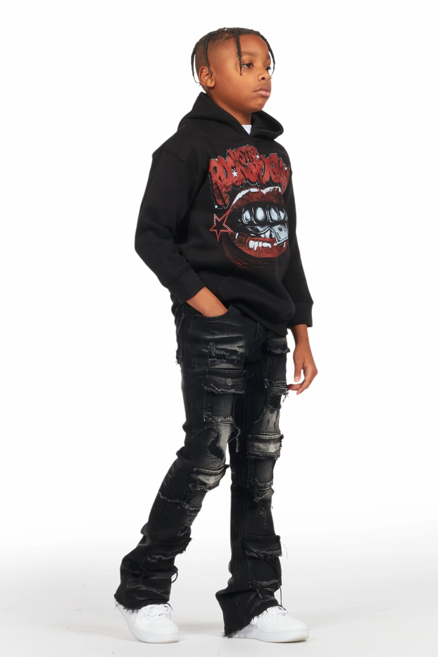 Boys Bloke Black Hoodie/Stacked Flare Jean Set