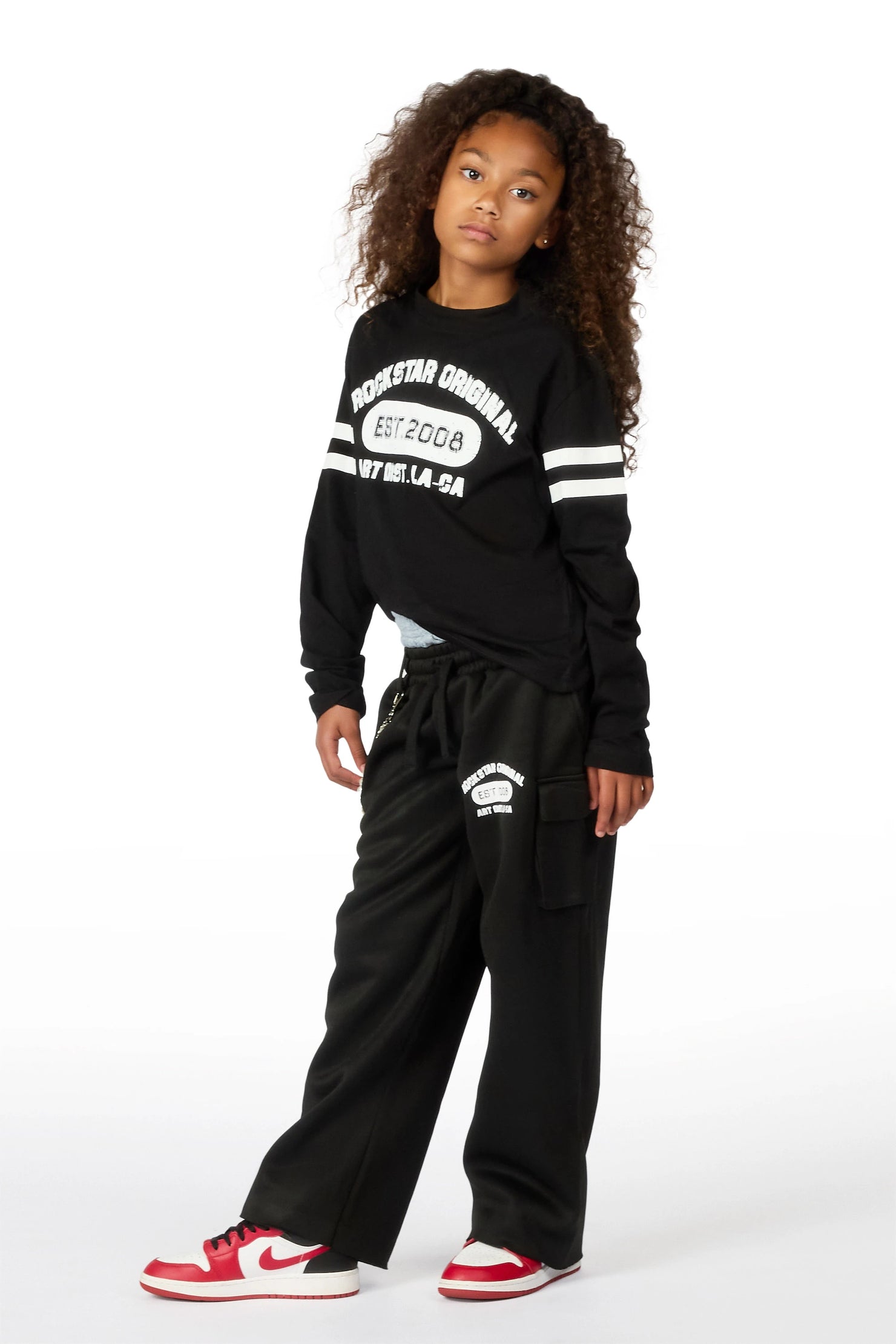 Girls Alexa Black Long Sleeve Shirt Double Waisted Super Baggy Track Set
