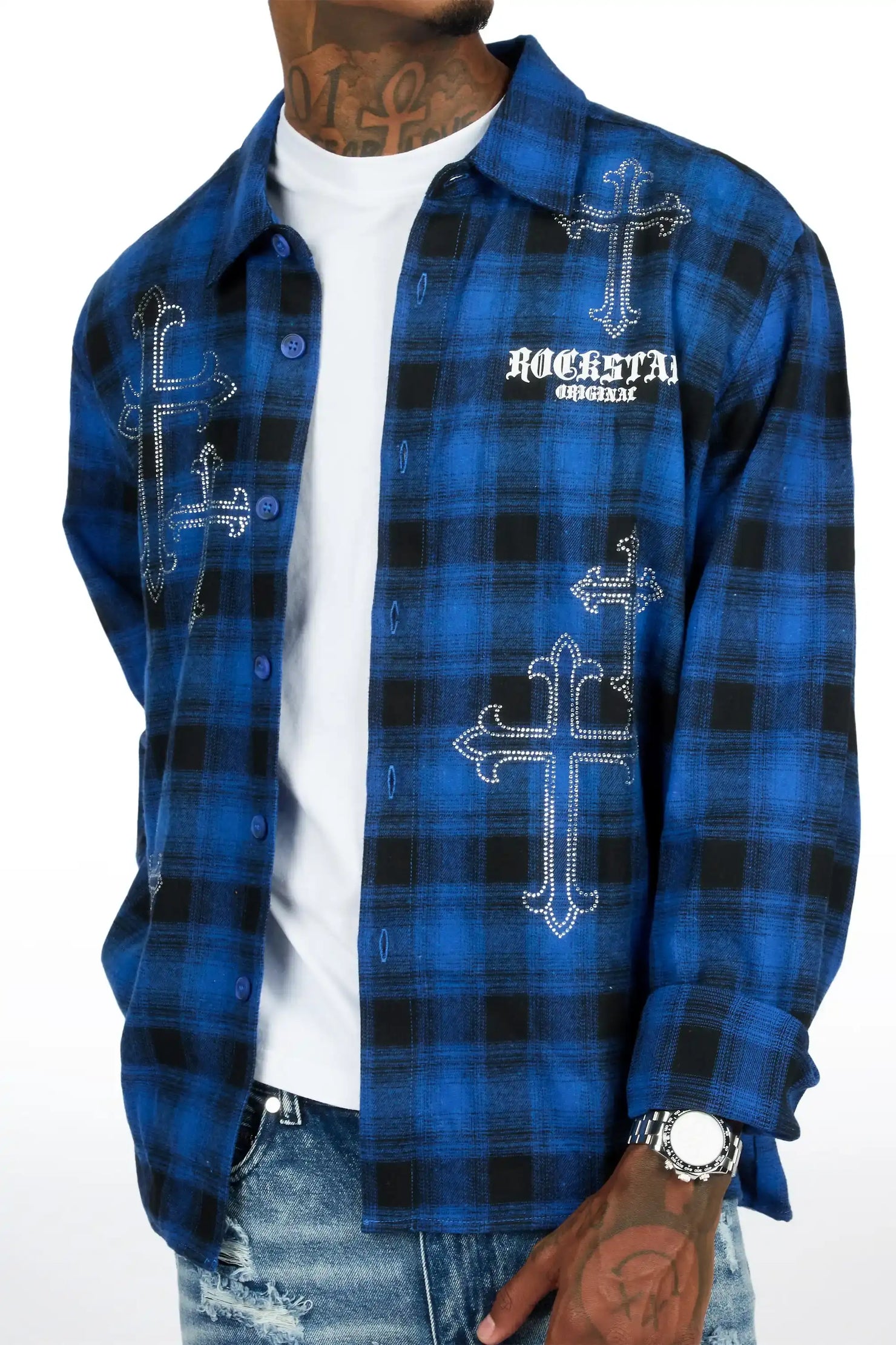 Poldi Royal Rhinestone Flannel Long Sleeve Shirt