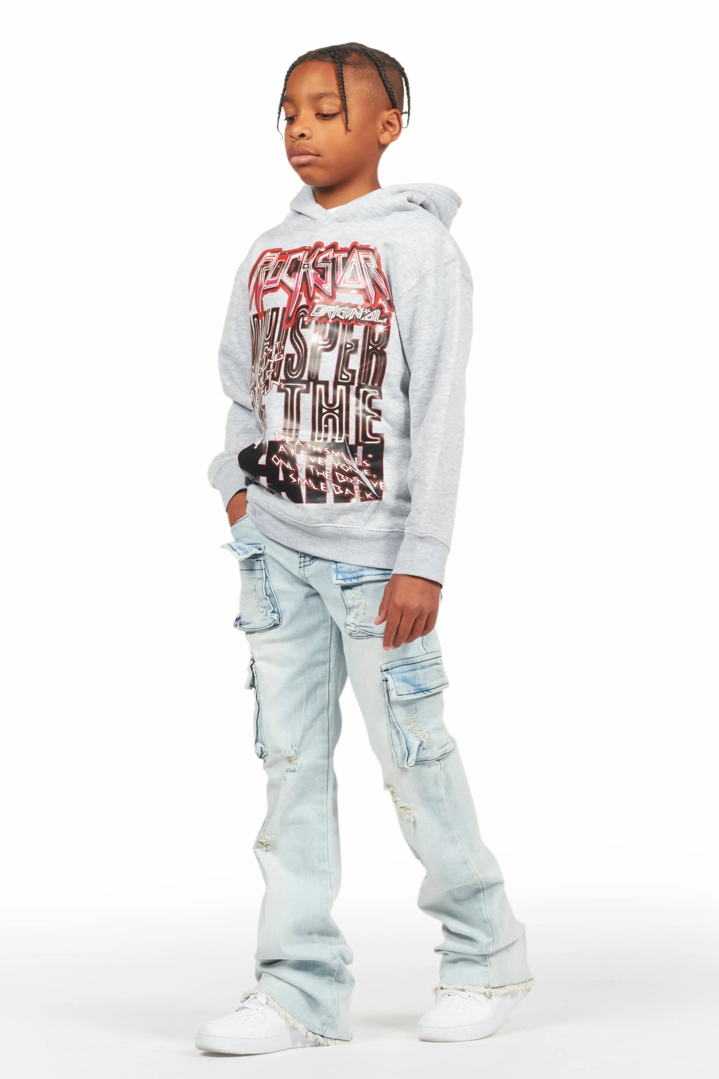 Boys Lachlan Grey/Blue Hoodie/Stacked Flare Jean Set