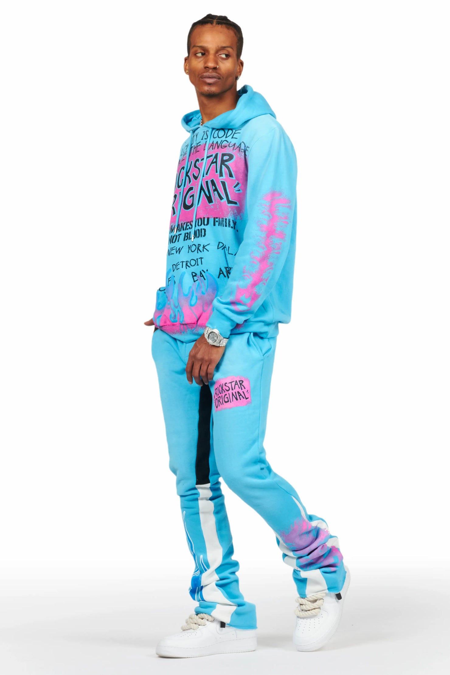 Beno Blue Stacked Flare Hoodie Track Set