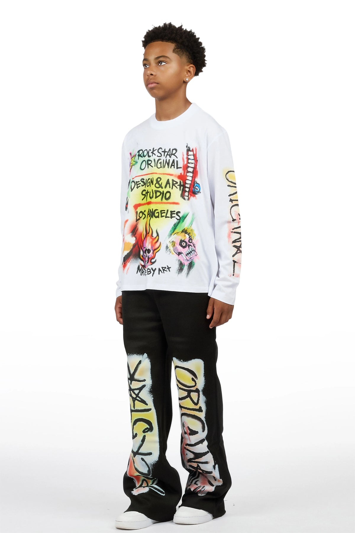 Boys Soweto White/Black Long Sleeve Graphic T-Shirt Track Set