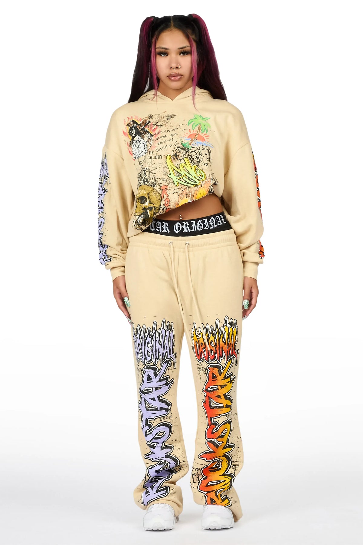 Luxoré Beige Graphic Baggy Fit Track Set