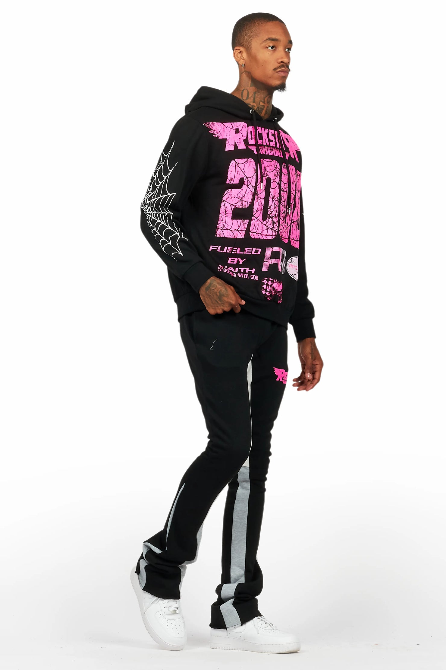 For Pinks Black Hoodie/Stack Flare Track Pant Set