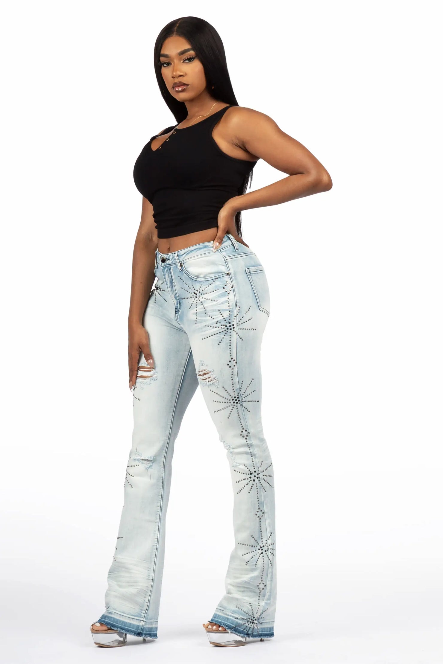 Ikia Light Wash Studded Stacked Flare Jean