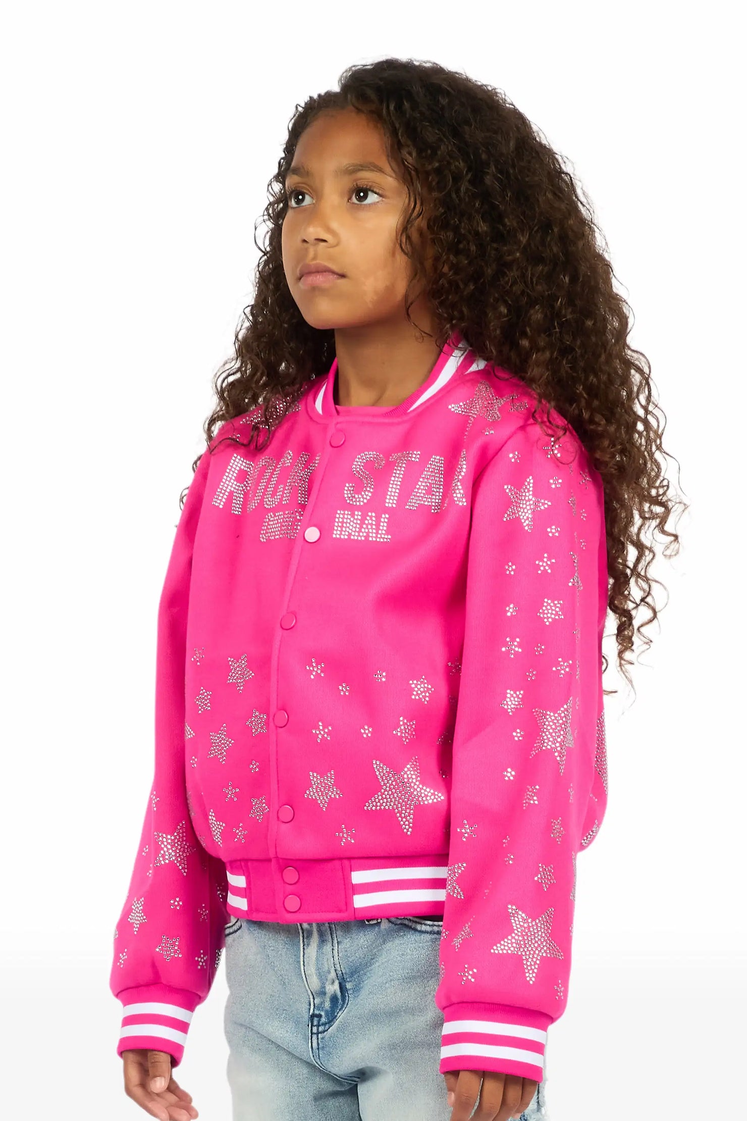 Girls Shanda Pink Crop Varsity Jacket
