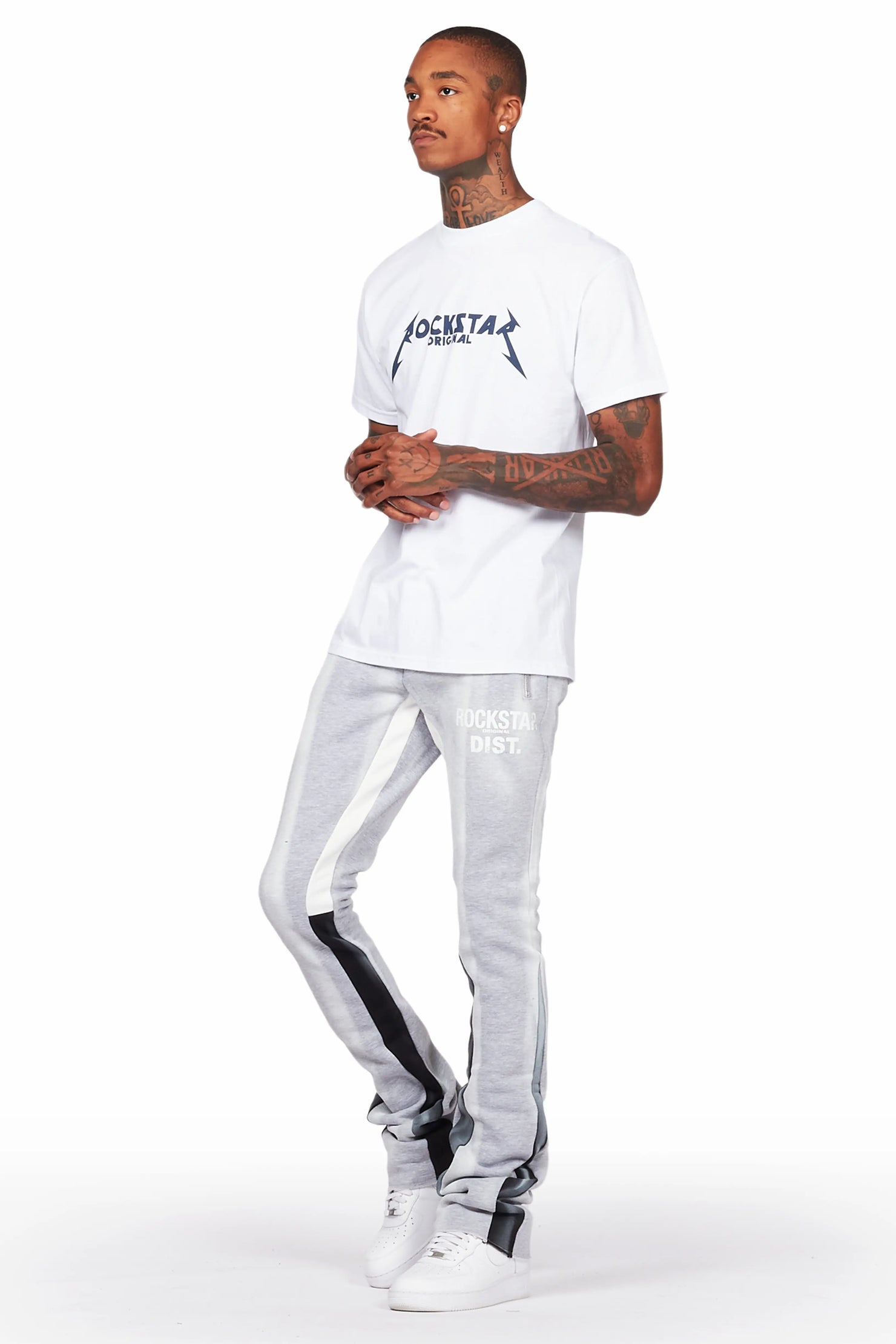 Firoz Grey/White Graphic Stacked Flare Pant