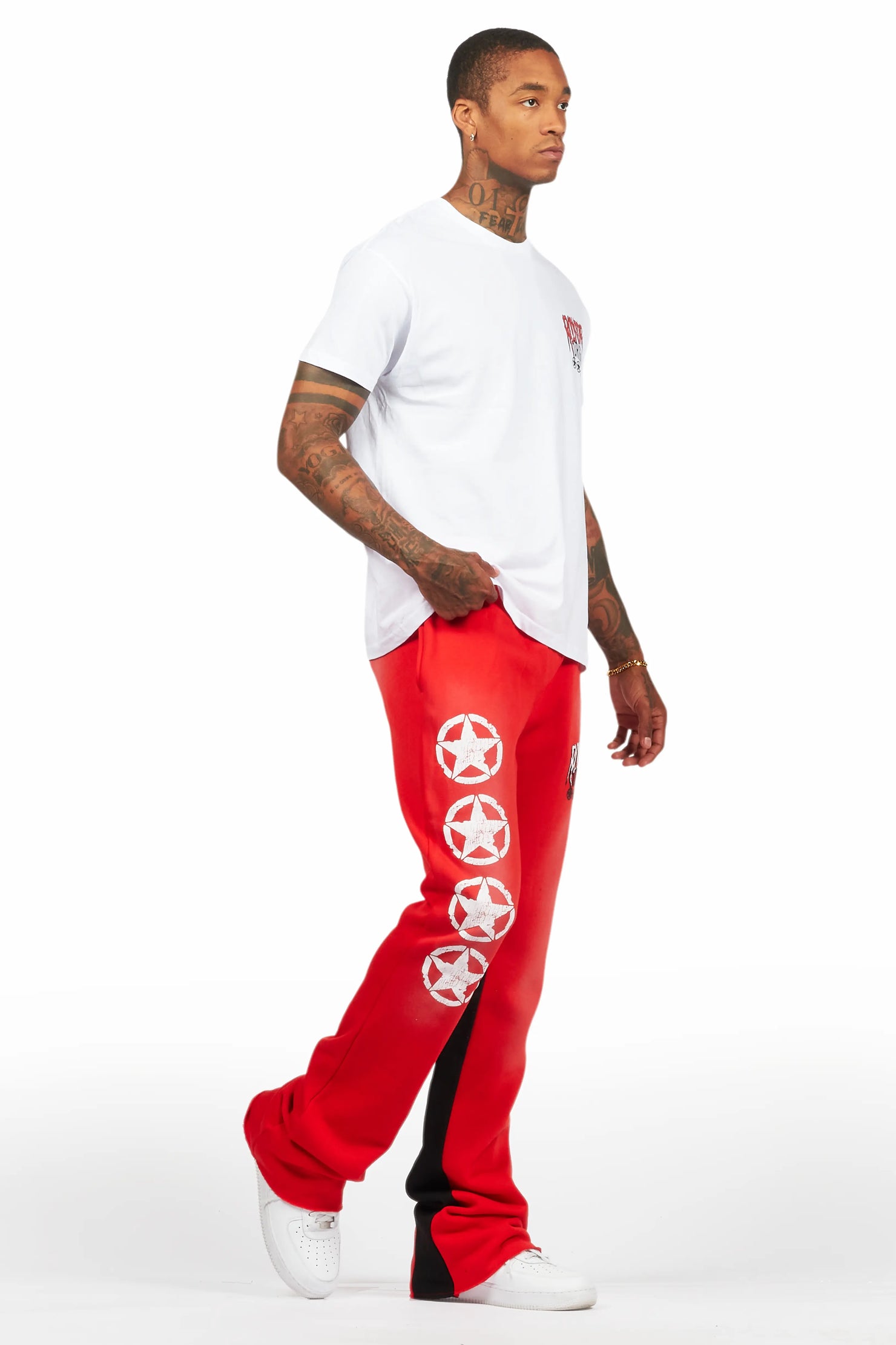 Wizzurd White/Red T-Shirt/Stacked Baggy Track Pant Set
