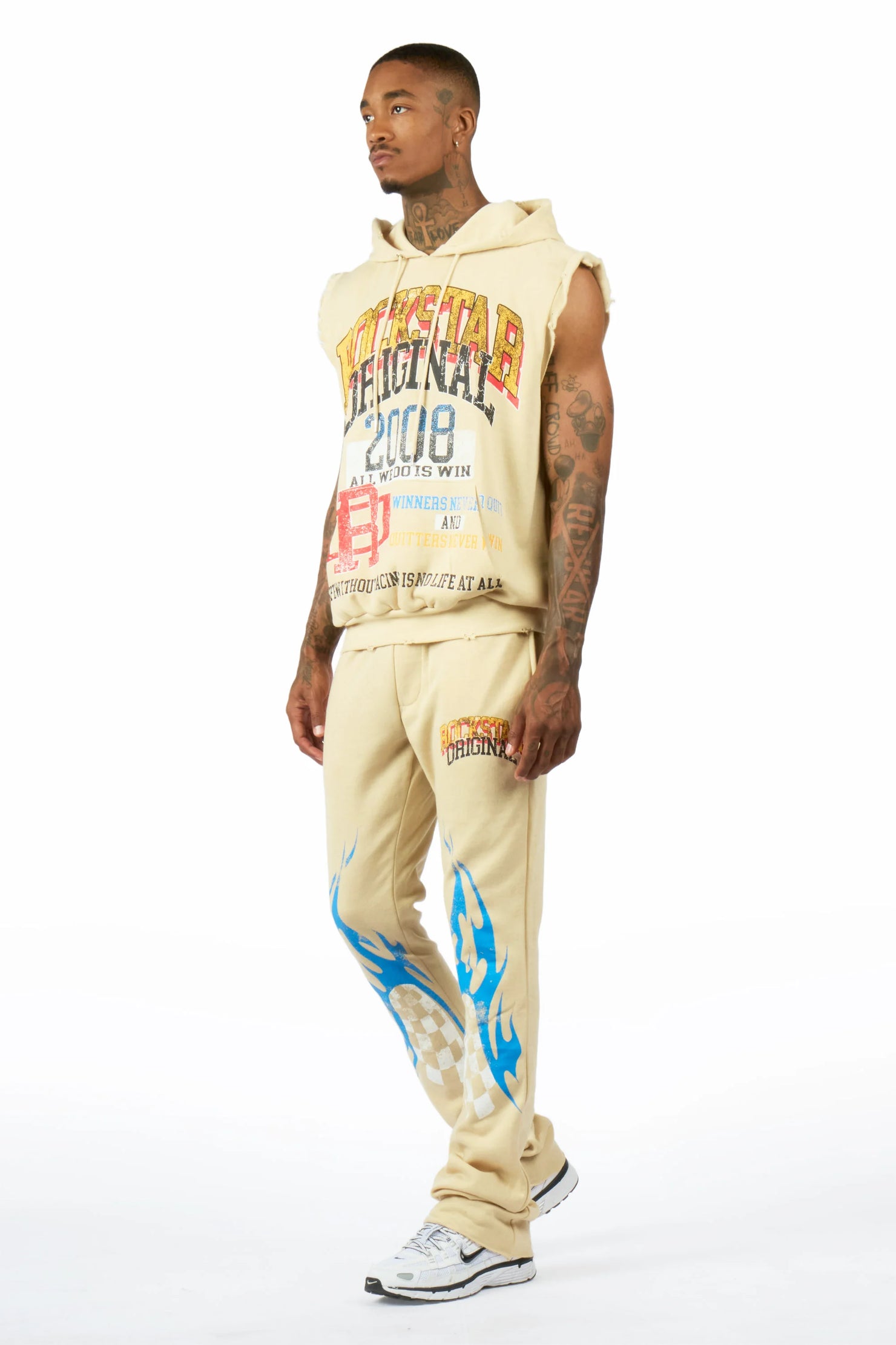 Colorful Race Beige Cut Sleeve Hoodie Stacked Track Set